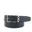 Black leather belt with silver buckle on a white background