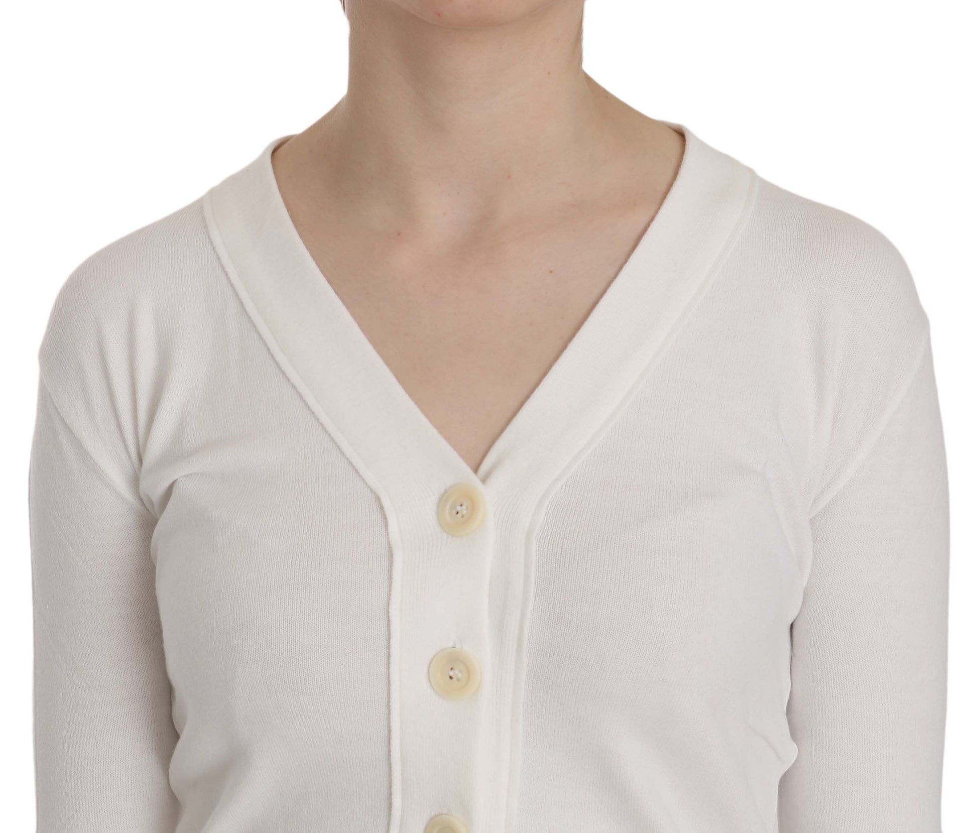 BYBLOS Elegant White V-Neck Cropped Cardigan Blouse - ACCEXO