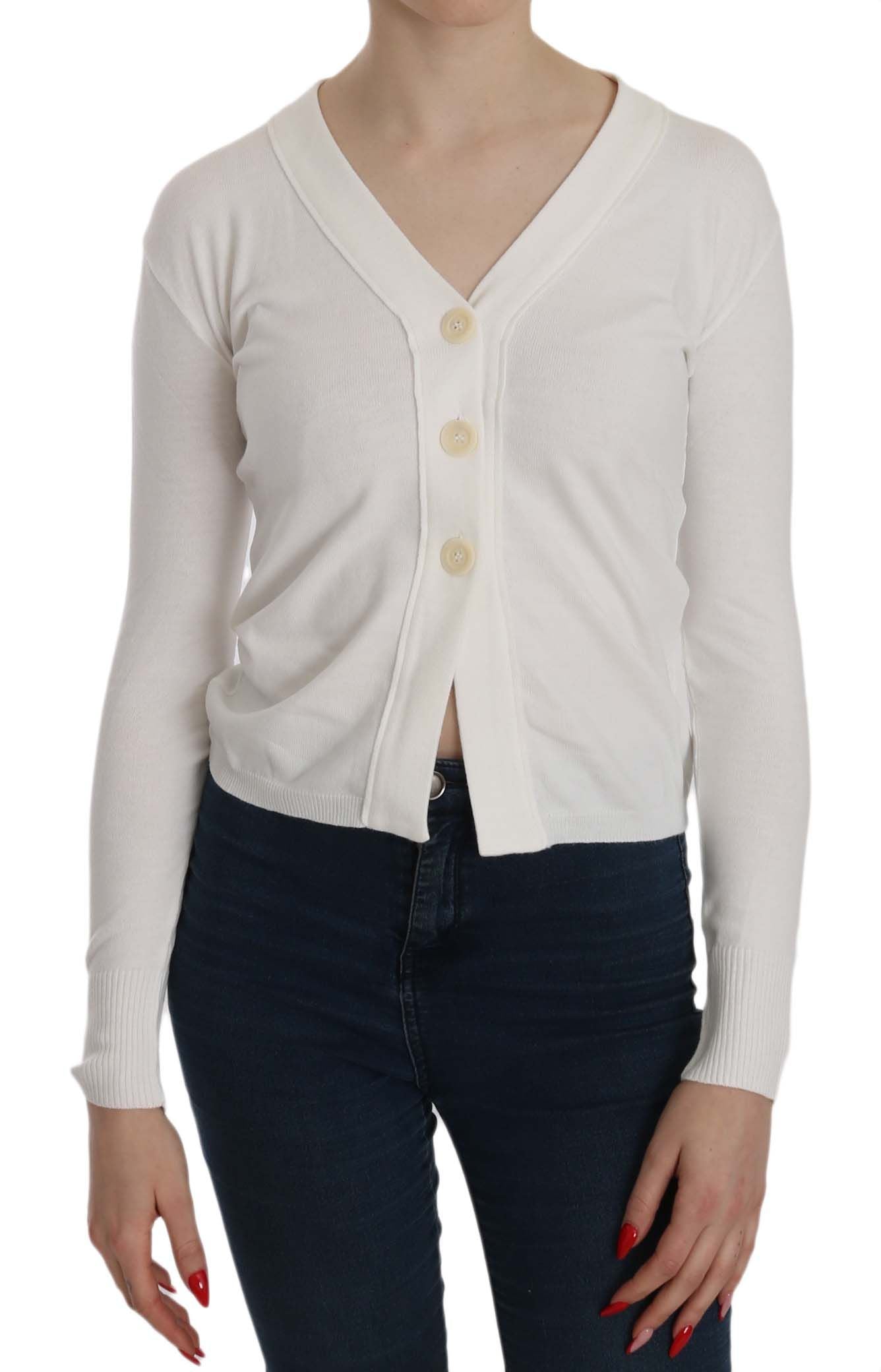 BYBLOS Elegant White V-Neck Cropped Cardigan Blouse - ACCEXO