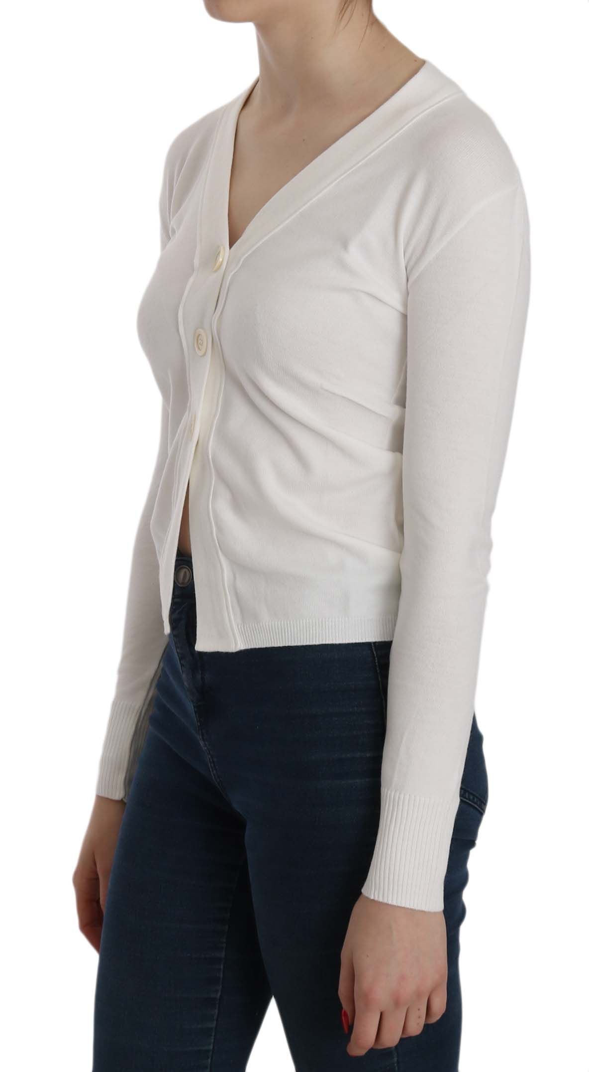 BYBLOS Elegant White V-Neck Cropped Cardigan Blouse - ACCEXO