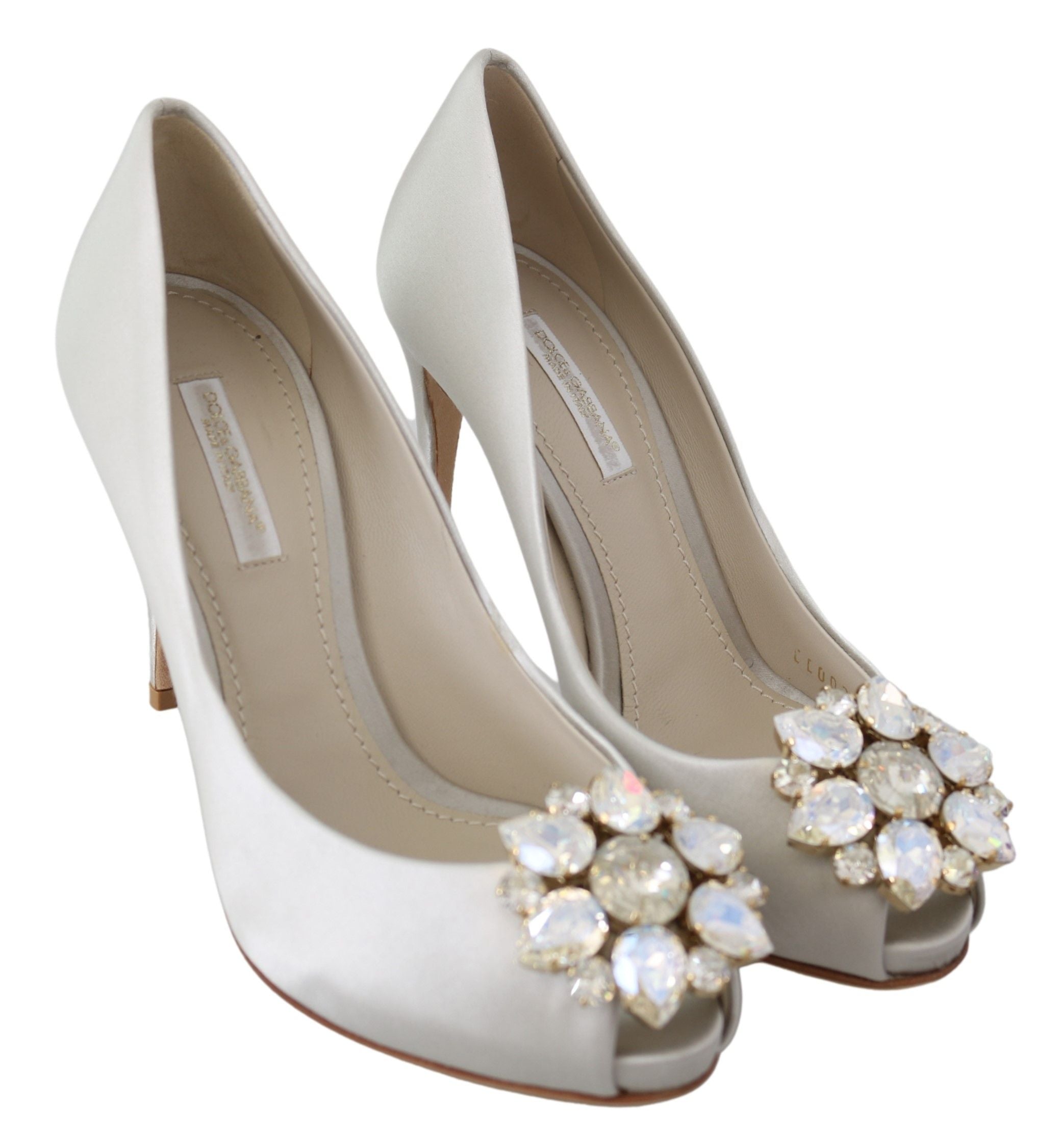Dolce & Gabbana White Crystal Peep Toe Silk Blend Heels - ACCEXO