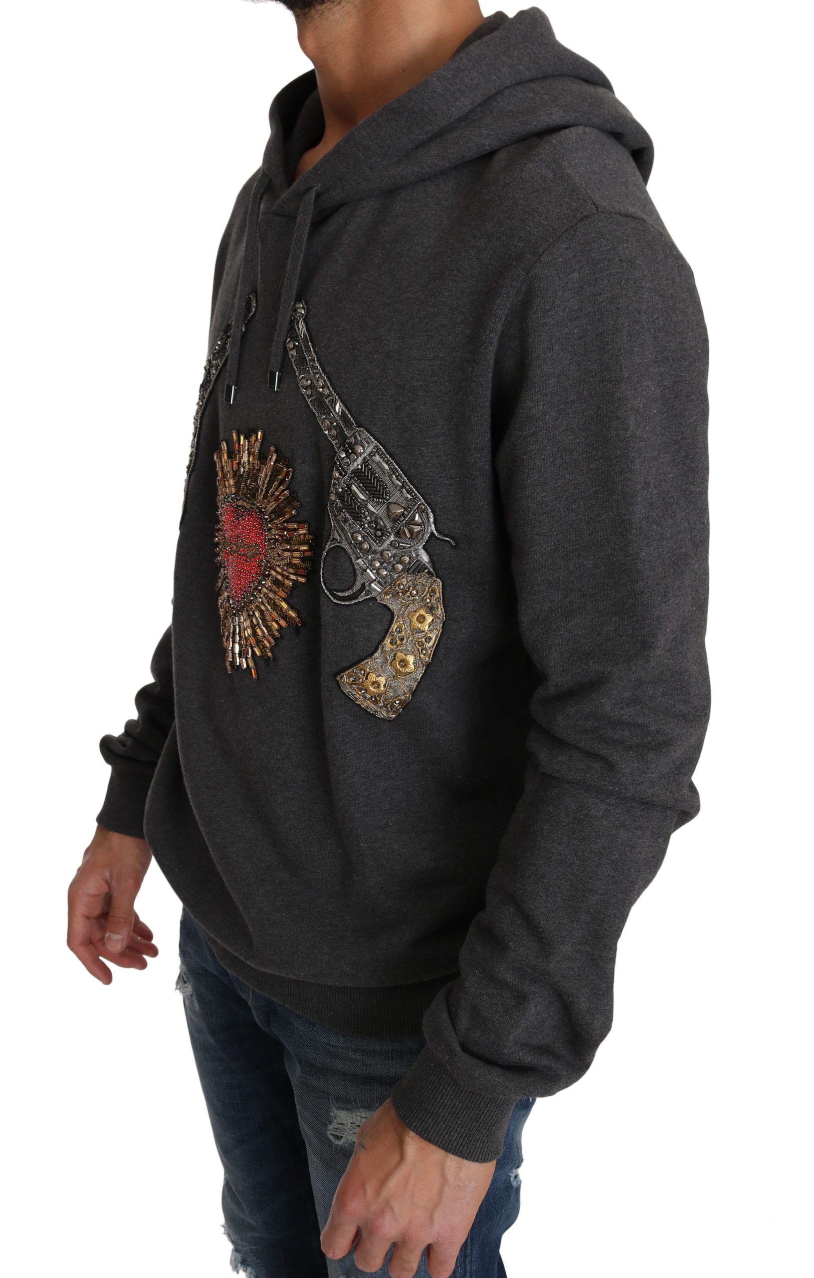 Dolce & Gabbana Gray Crystal Heart Gun Motif Sweater - ACCEXO