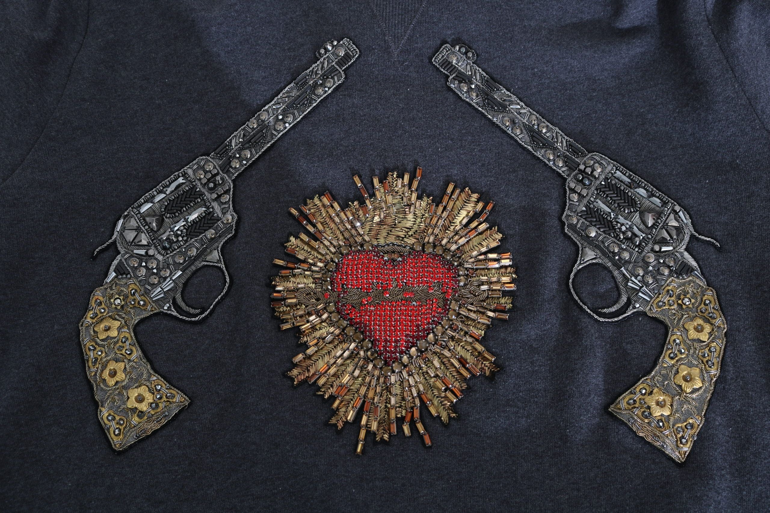 Dolce & Gabbana Gray Crystal Heart Gun Motif Sweater - ACCEXO