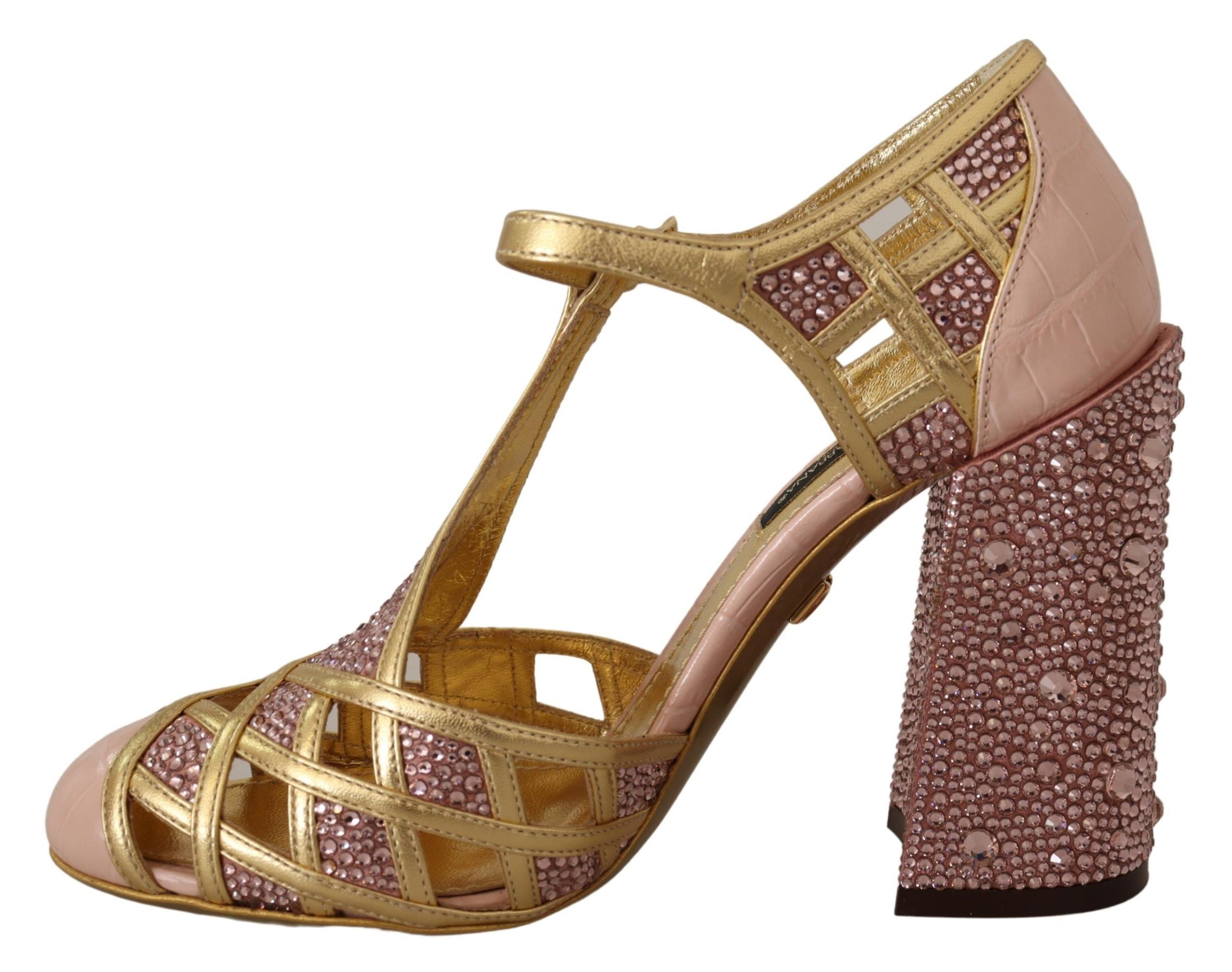 Dolce & Gabbana Silk-Infused Leather Crystal Pumps in Pink Gold - ACCEXO