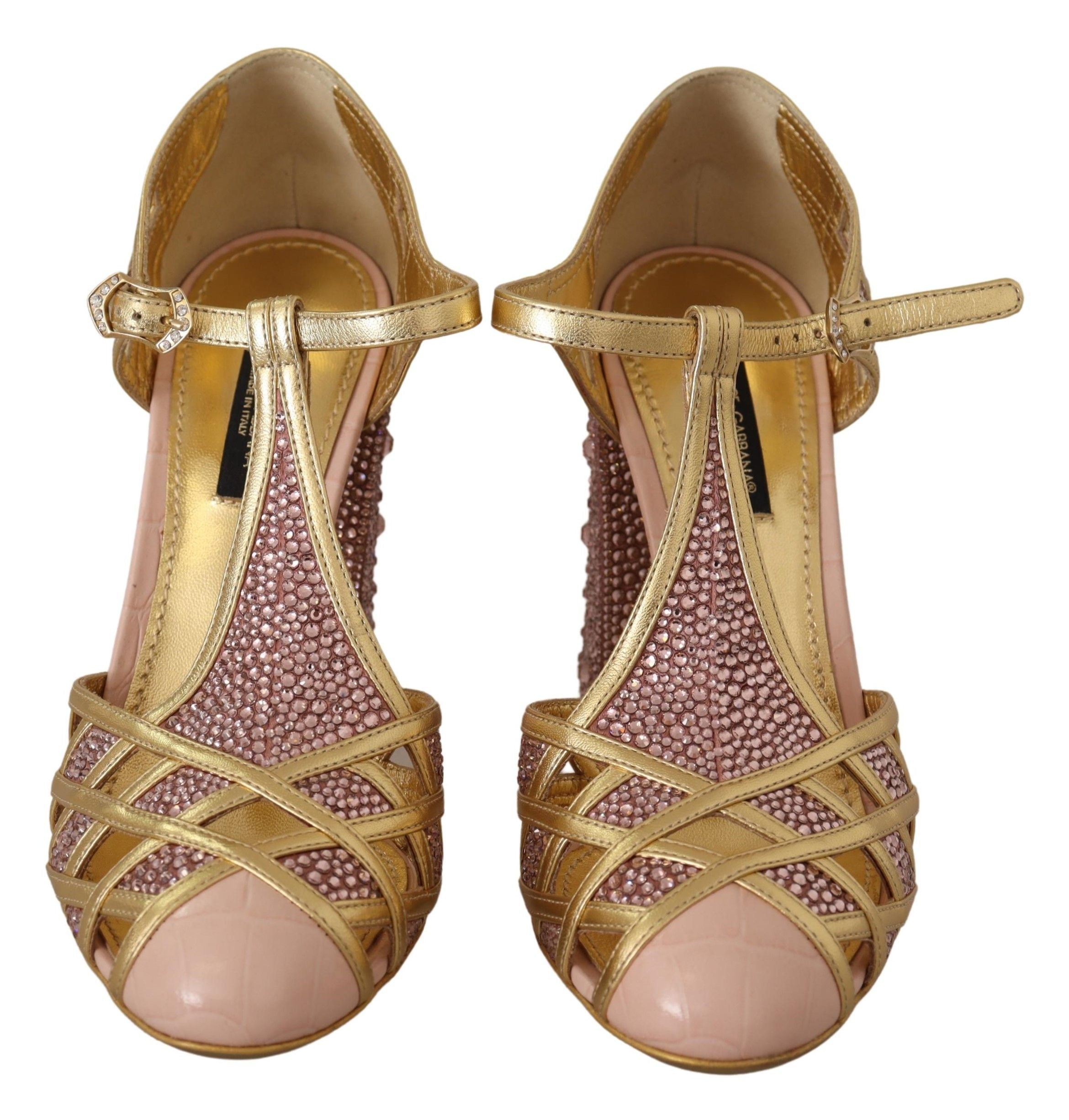 Dolce & Gabbana Silk-Infused Leather Crystal Pumps in Pink Gold - ACCEXO