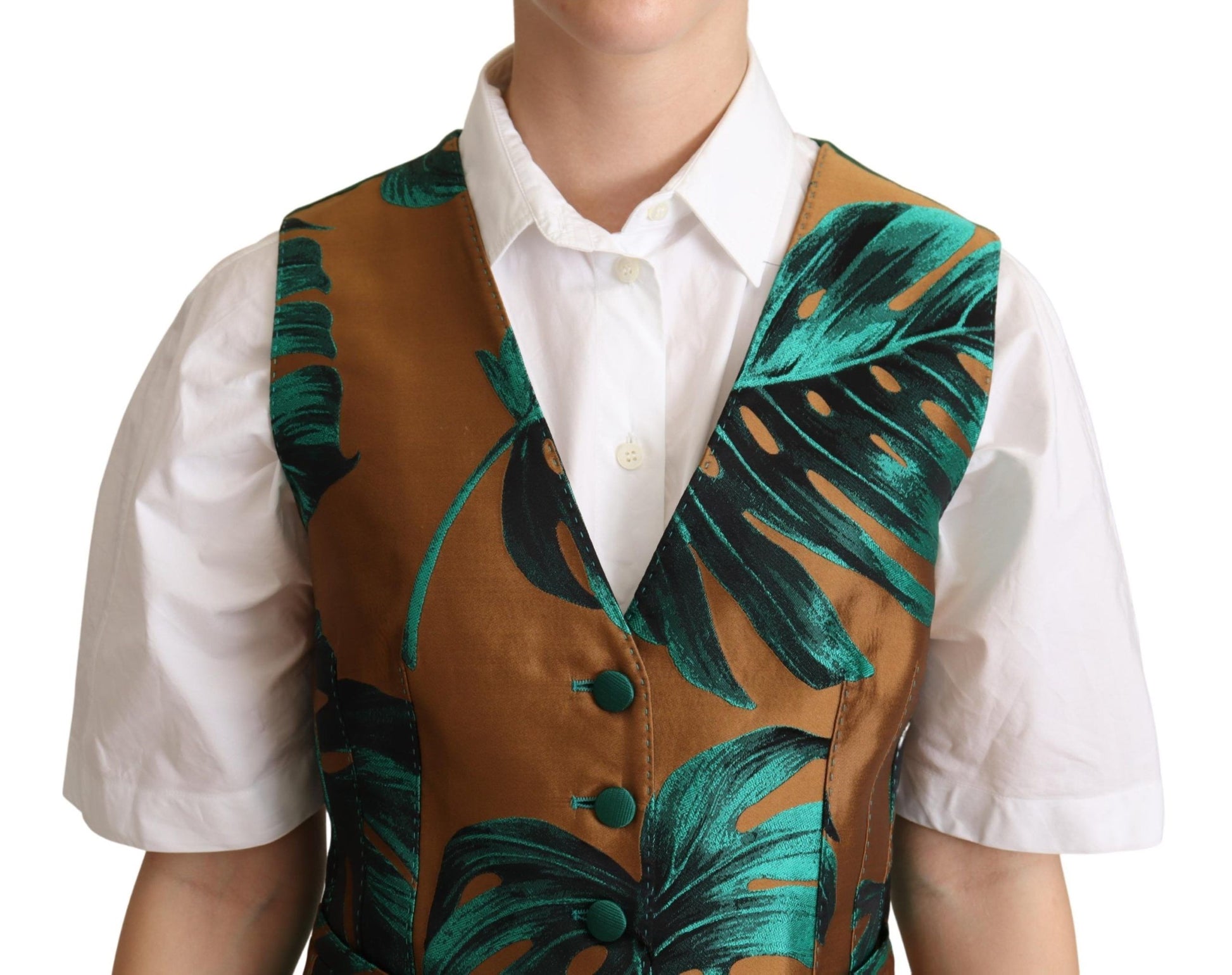 Dolce & Gabbana Elegant Green Leaf Print Waistcoat - ACCEXO