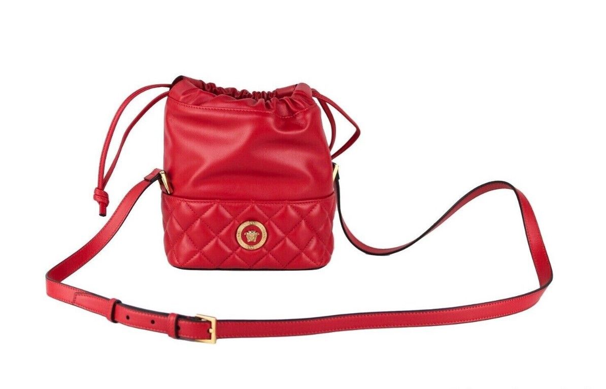 Versace Red Quilted Leather Drawstring Shoulder Bag Bucket Crossbody Handbag - ACCEXO