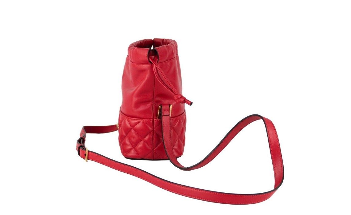Versace Red Quilted Leather Drawstring Shoulder Bag Bucket Crossbody Handbag - ACCEXO