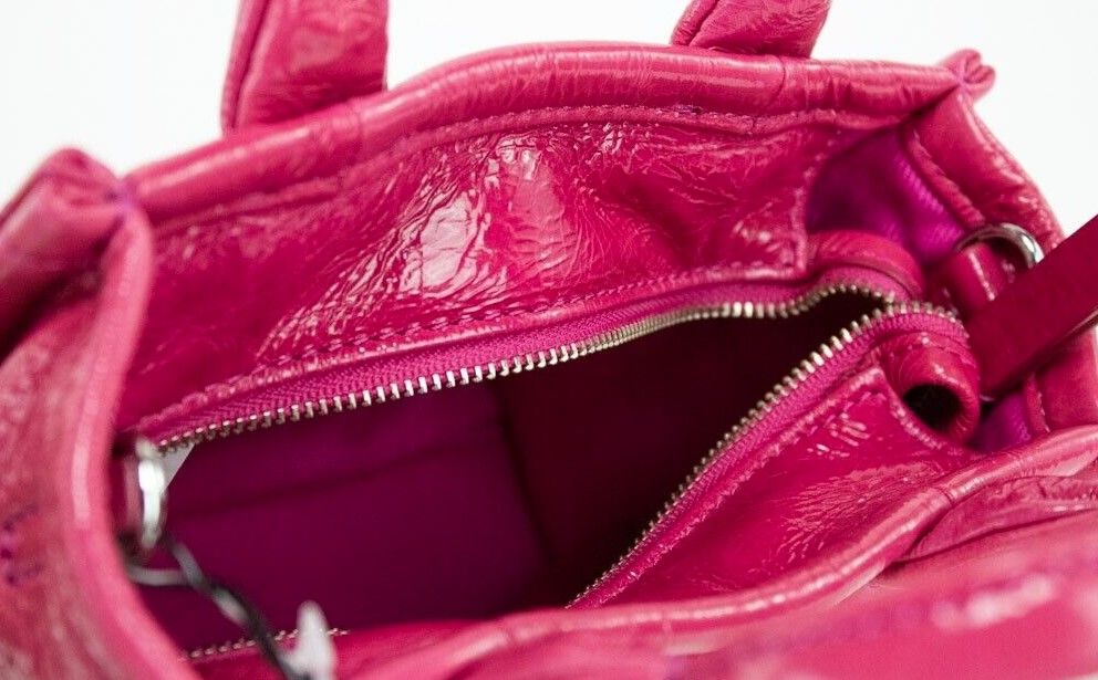 Marc Jacobs The Shiny Crinkle Micro Tote Magenta Leather Crossbody Bag Handbag - ACCEXO