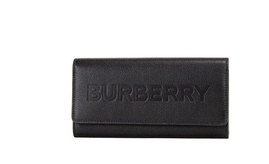 Burberry Porter Black Grained Leather Branded Logo Embossed Clutch Flap Wallet - ACCEXO