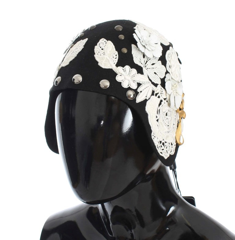 Dolce & Gabbana Elegant Black Floral Wool Cloche Hat - ACCEXO