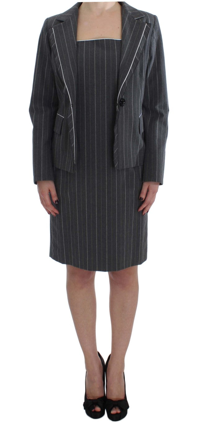 BENCIVENGA Elegant Gray Striped Dress & Blazer Suit Set - ACCEXO
