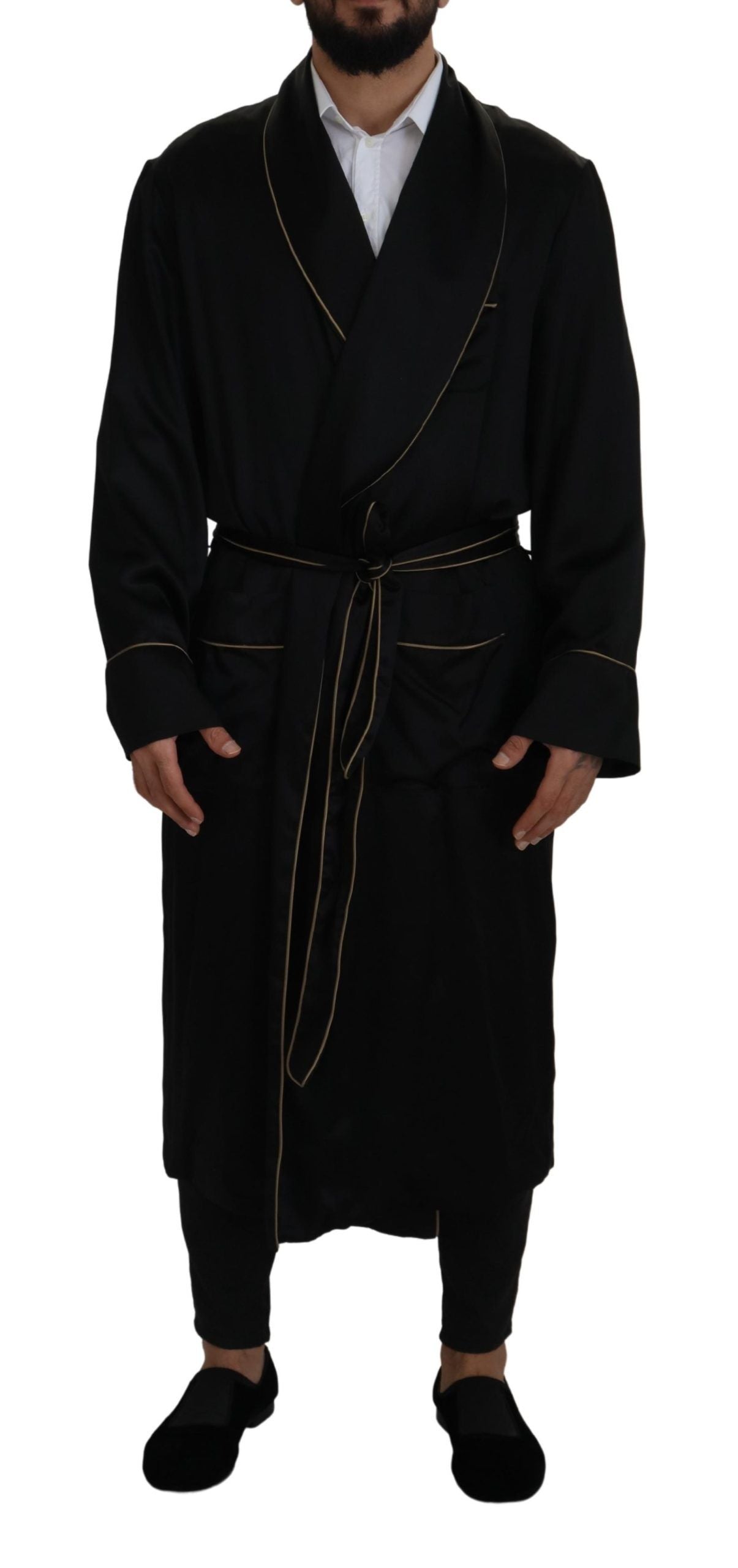 Dolce & Gabbana Elegant Black Silk Long Robe Coat - ACCEXO