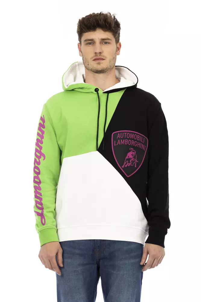 Man wearing a colorful hoodie with Lamborghini logo on a white background