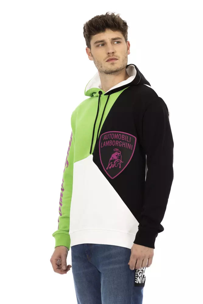 Man wearing a colorful hoodie with a logo on a white background