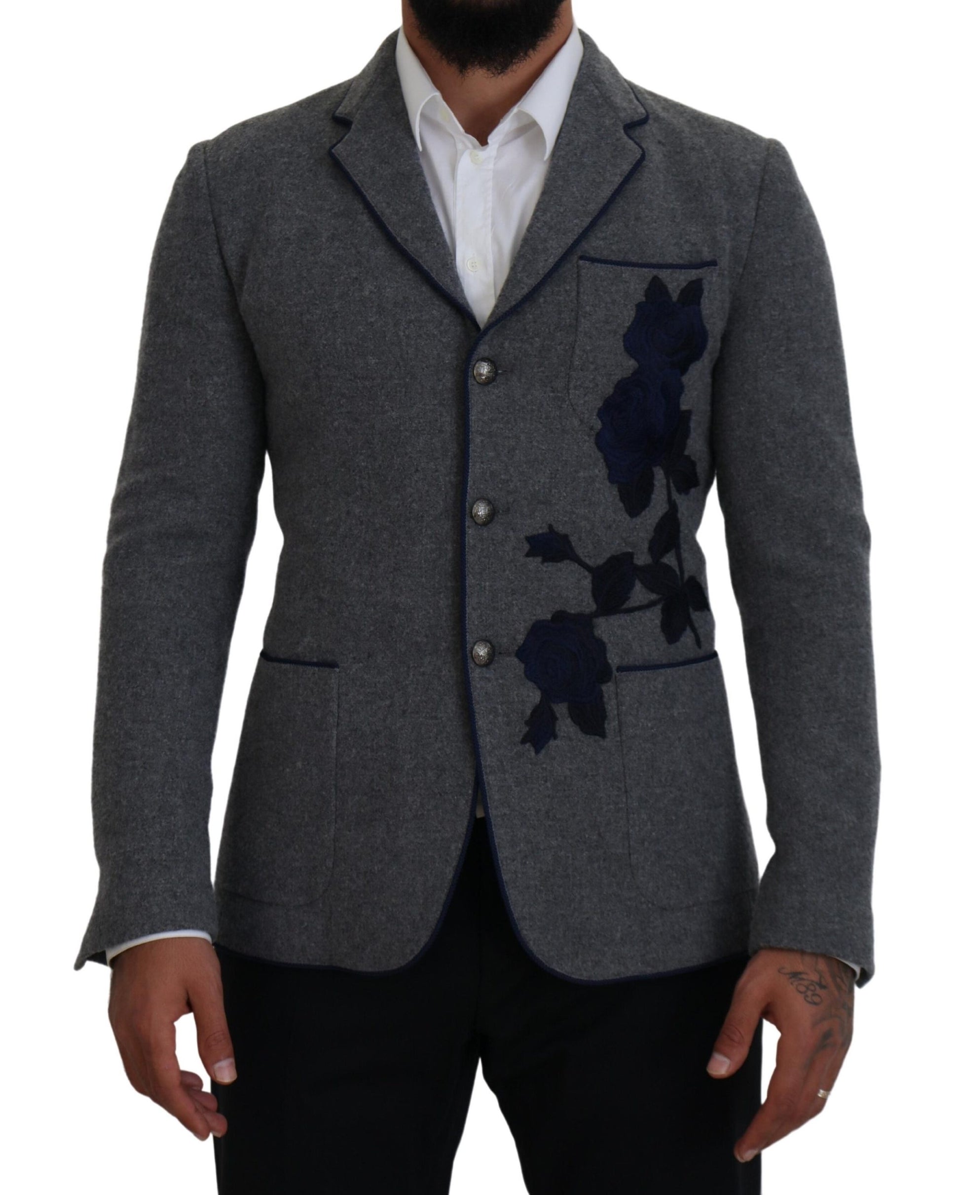 Dolce & Gabbana Elegant Gray Wool Blazer with Blue Rose Embroidery - ACCEXO