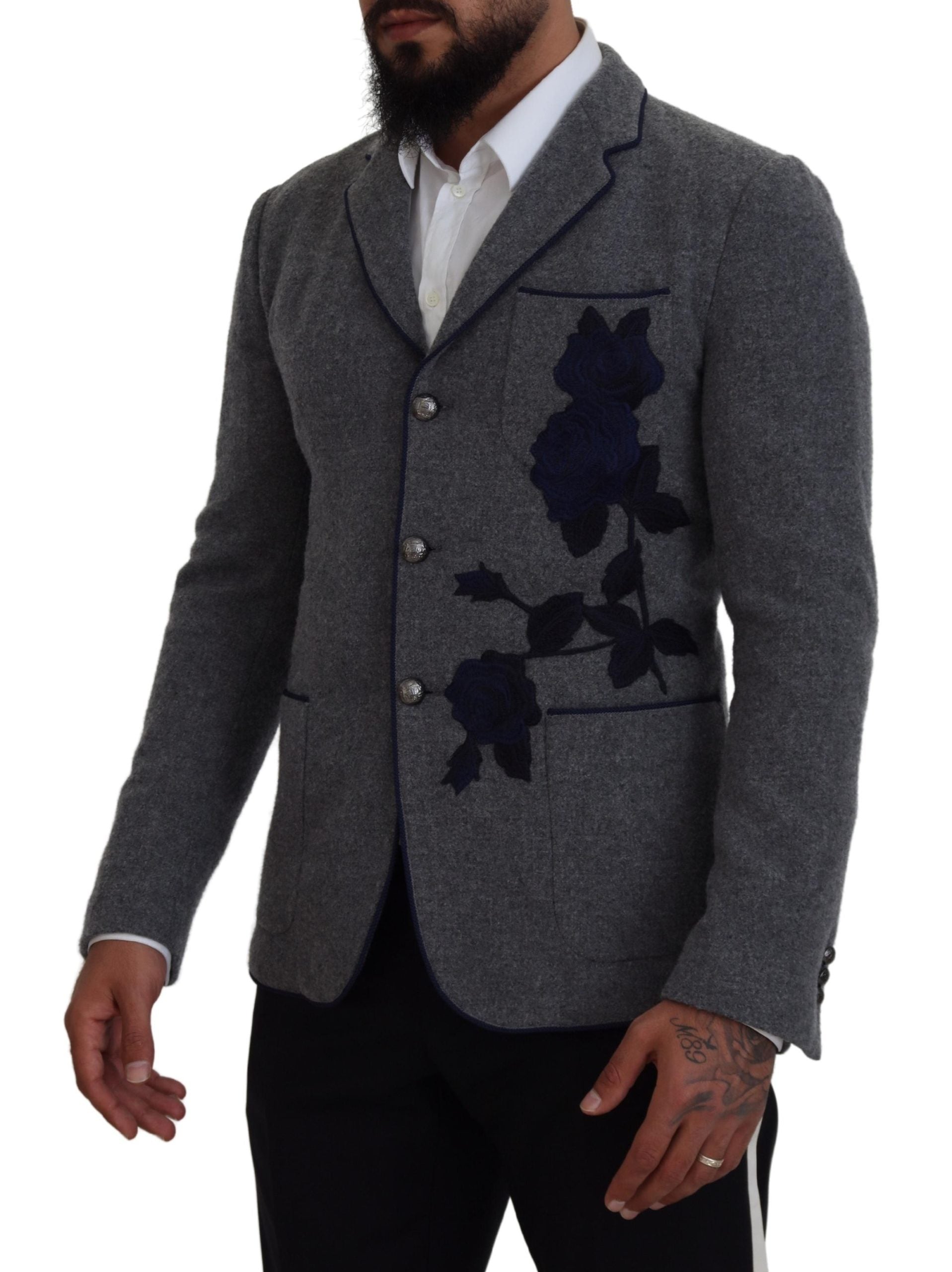 Dolce & Gabbana Elegant Gray Wool Blazer with Blue Rose Embroidery - ACCEXO