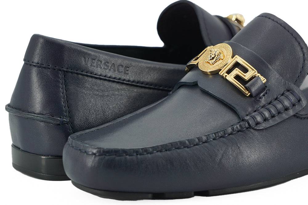 Versace Elegant Navy Blue Calf Leather Loafers - ACCEXO