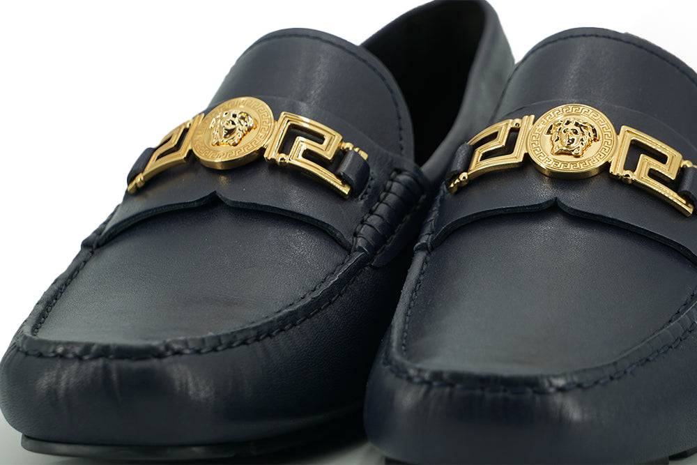 Versace Elegant Navy Blue Calf Leather Loafers - ACCEXO