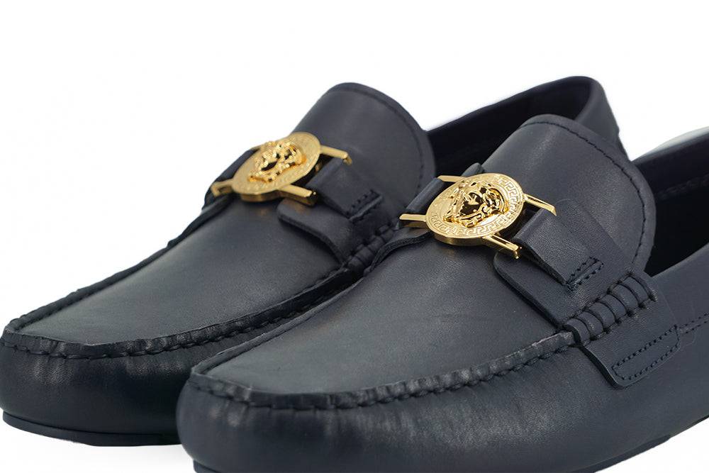 Versace Elegant Navy Blue Calf Leather Loafers - ACCEXO