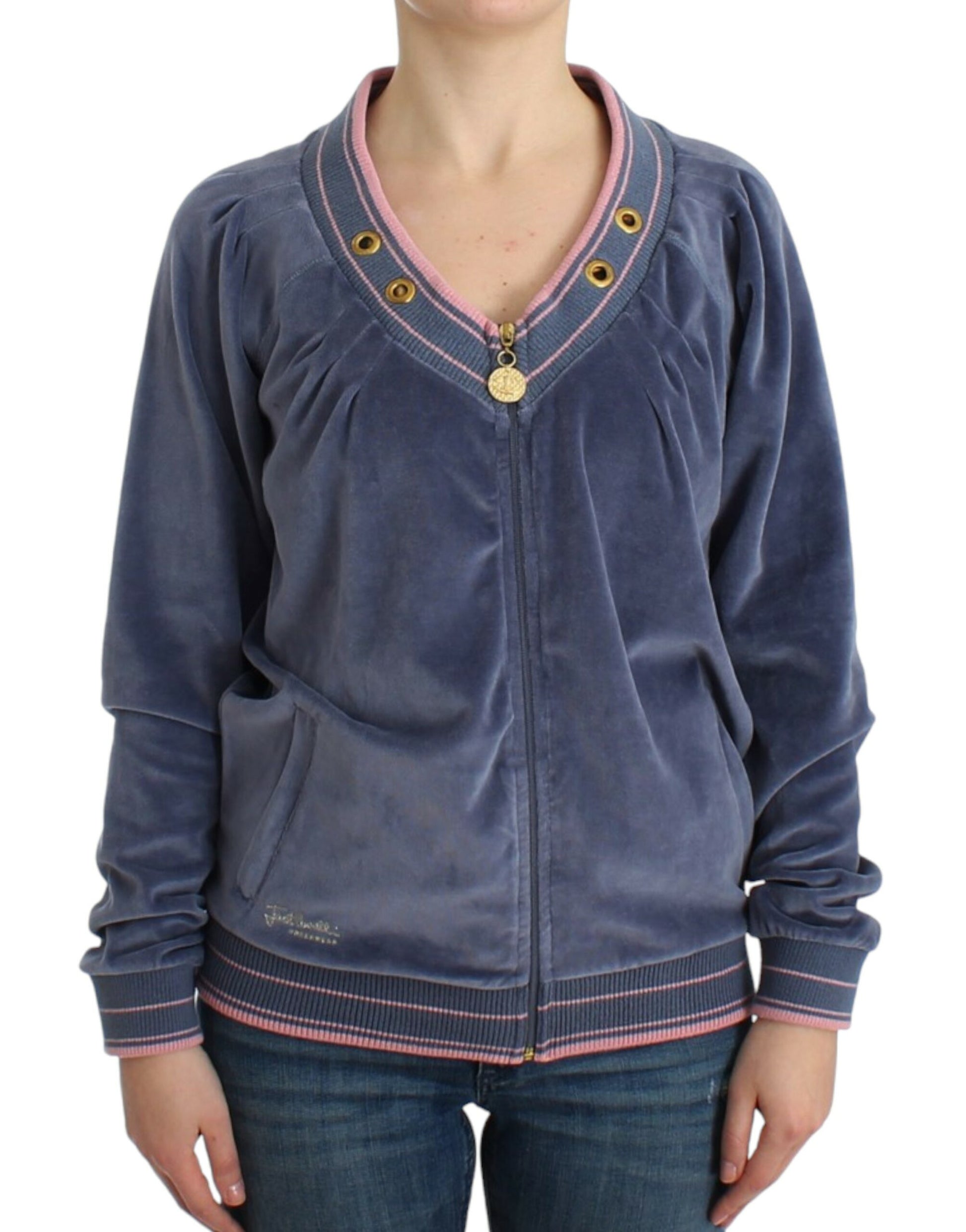 Cavalli Elegant Blue Zip Cardigan with Gold Details - ACCEXO