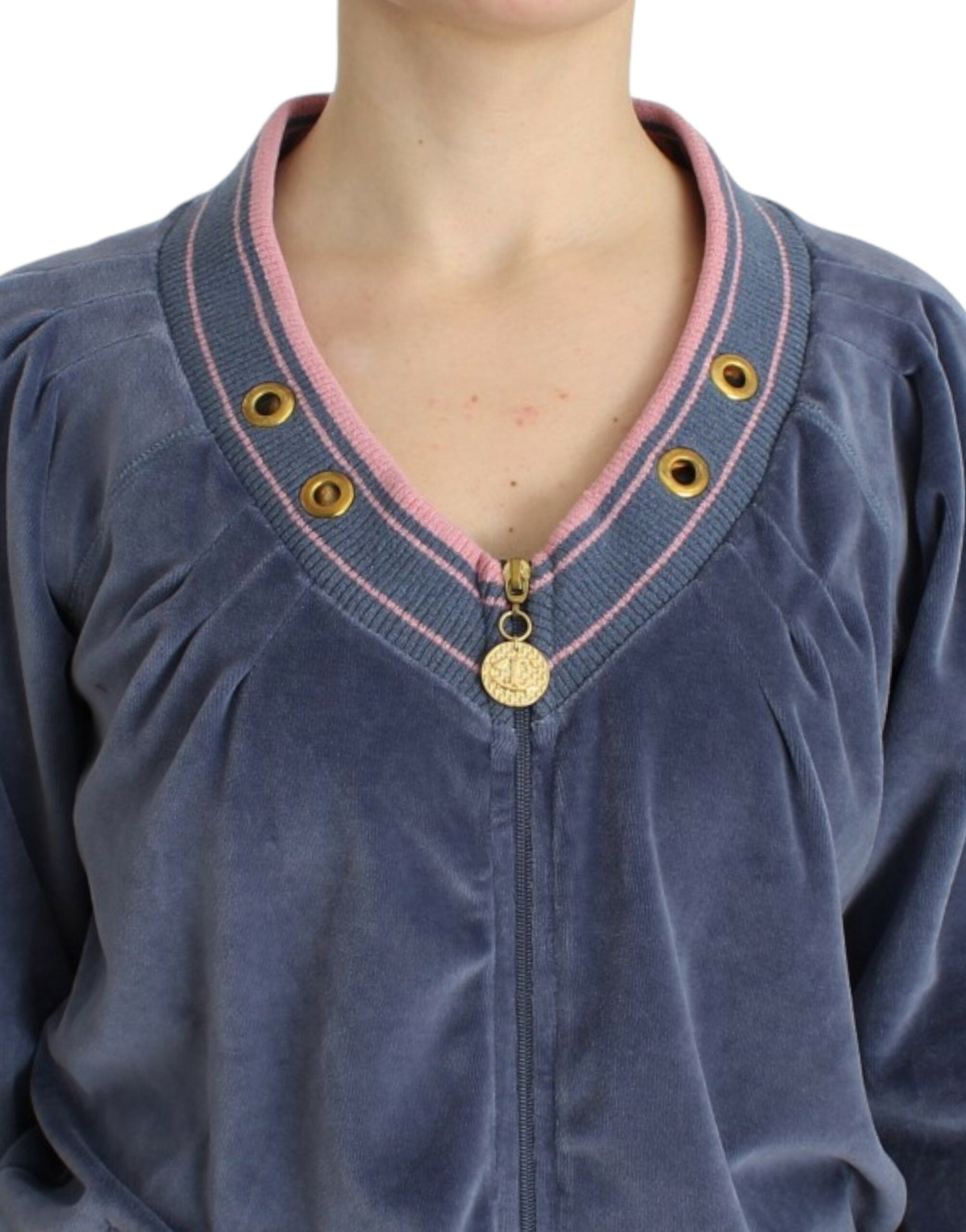Cavalli Elegant Blue Zip Cardigan with Gold Details - ACCEXO