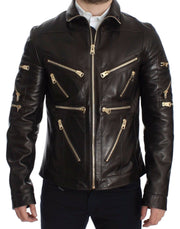 Dolce & Gabbana Elegant Brown Gold-Detailed Leather Jacket - ACCEXO