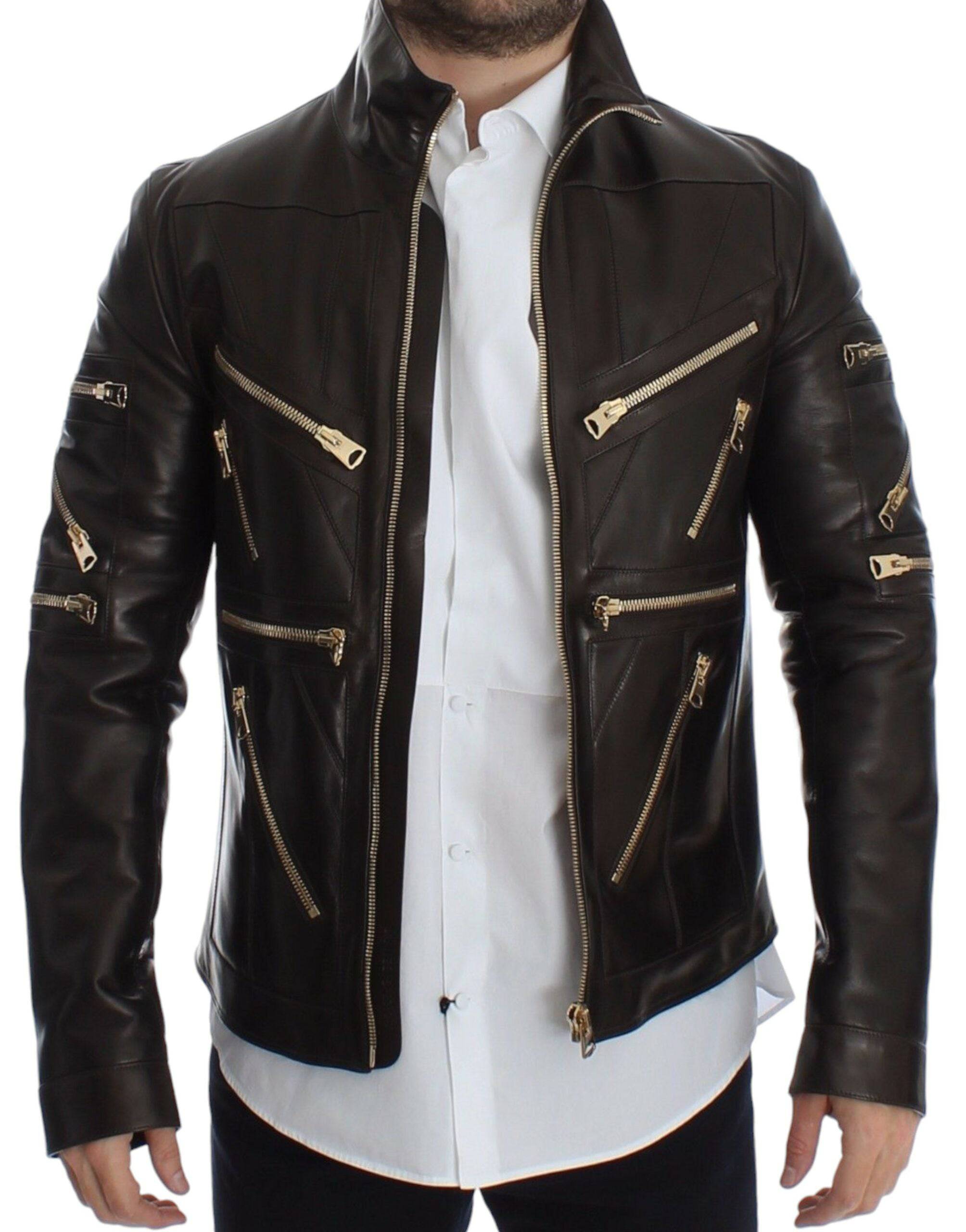 Dolce & Gabbana Elegant Brown Gold-Detailed Leather Jacket - ACCEXO