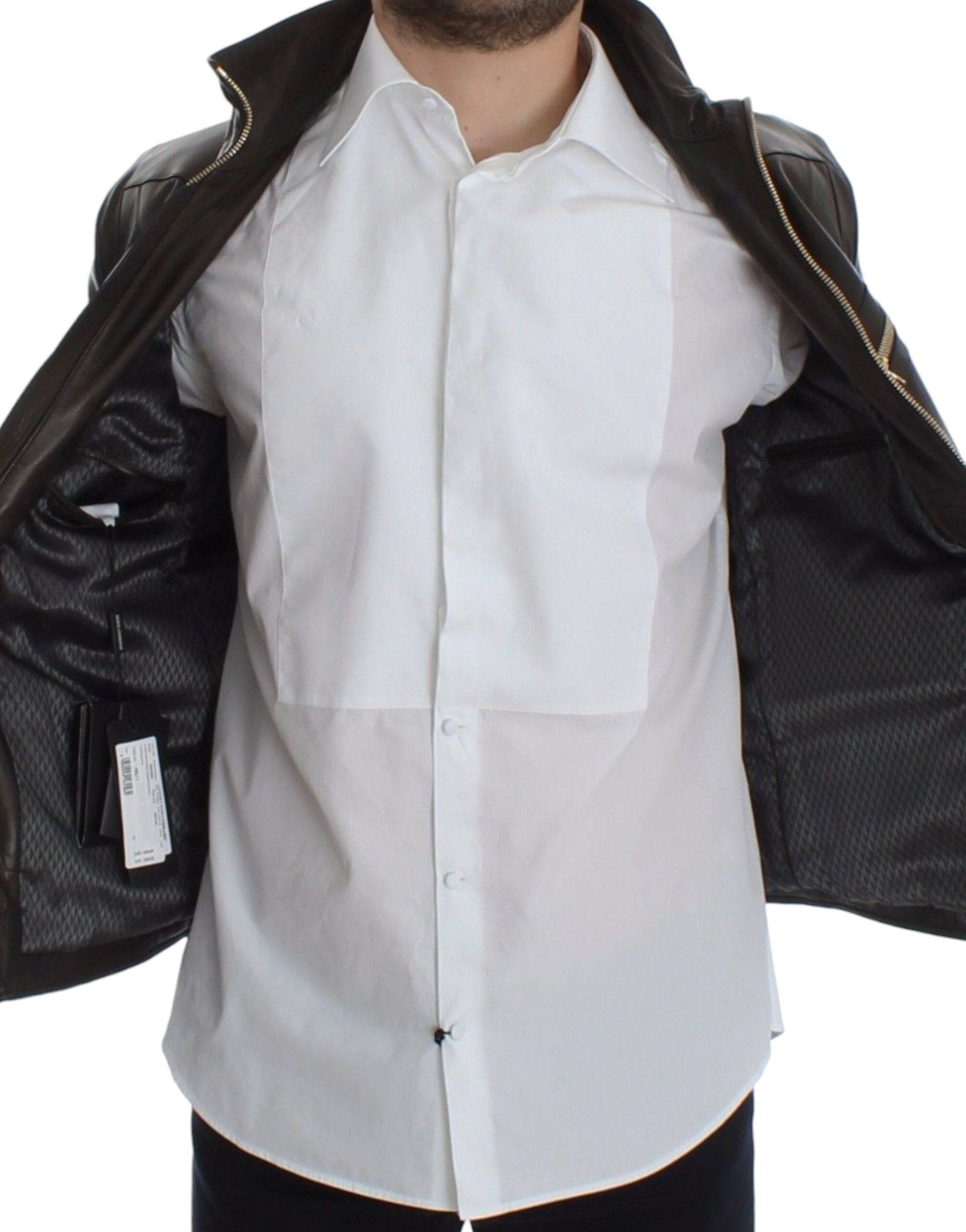 Dolce & Gabbana Elegant Brown Gold-Detailed Leather Jacket - ACCEXO