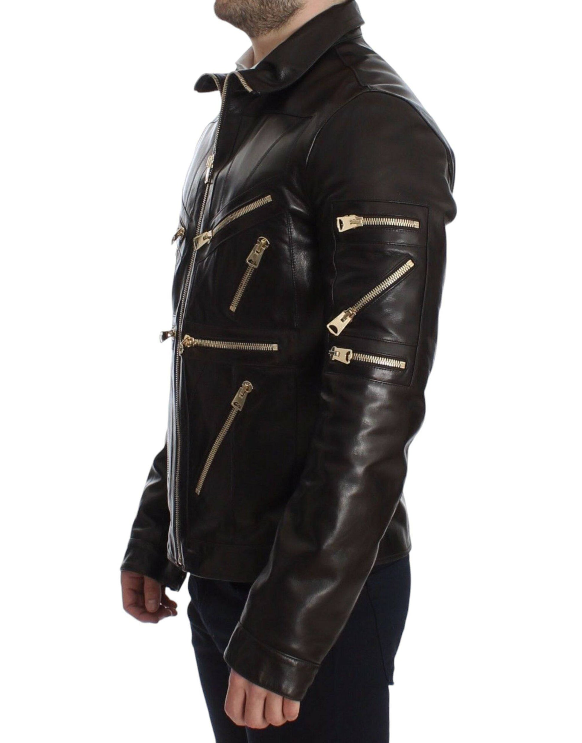 Dolce & Gabbana Elegant Brown Gold-Detailed Leather Jacket - ACCEXO