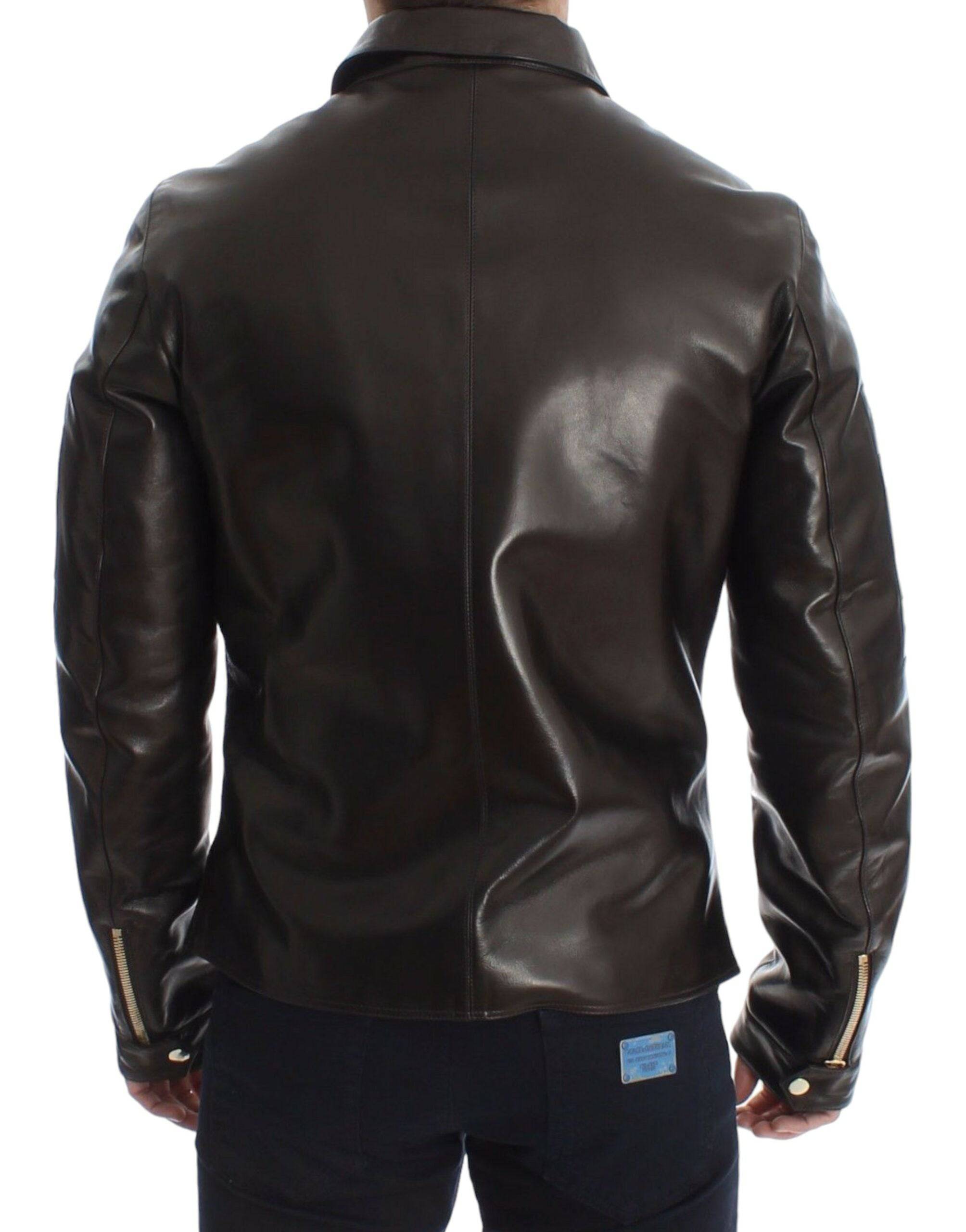 Dolce & Gabbana Elegant Brown Gold-Detailed Leather Jacket - ACCEXO