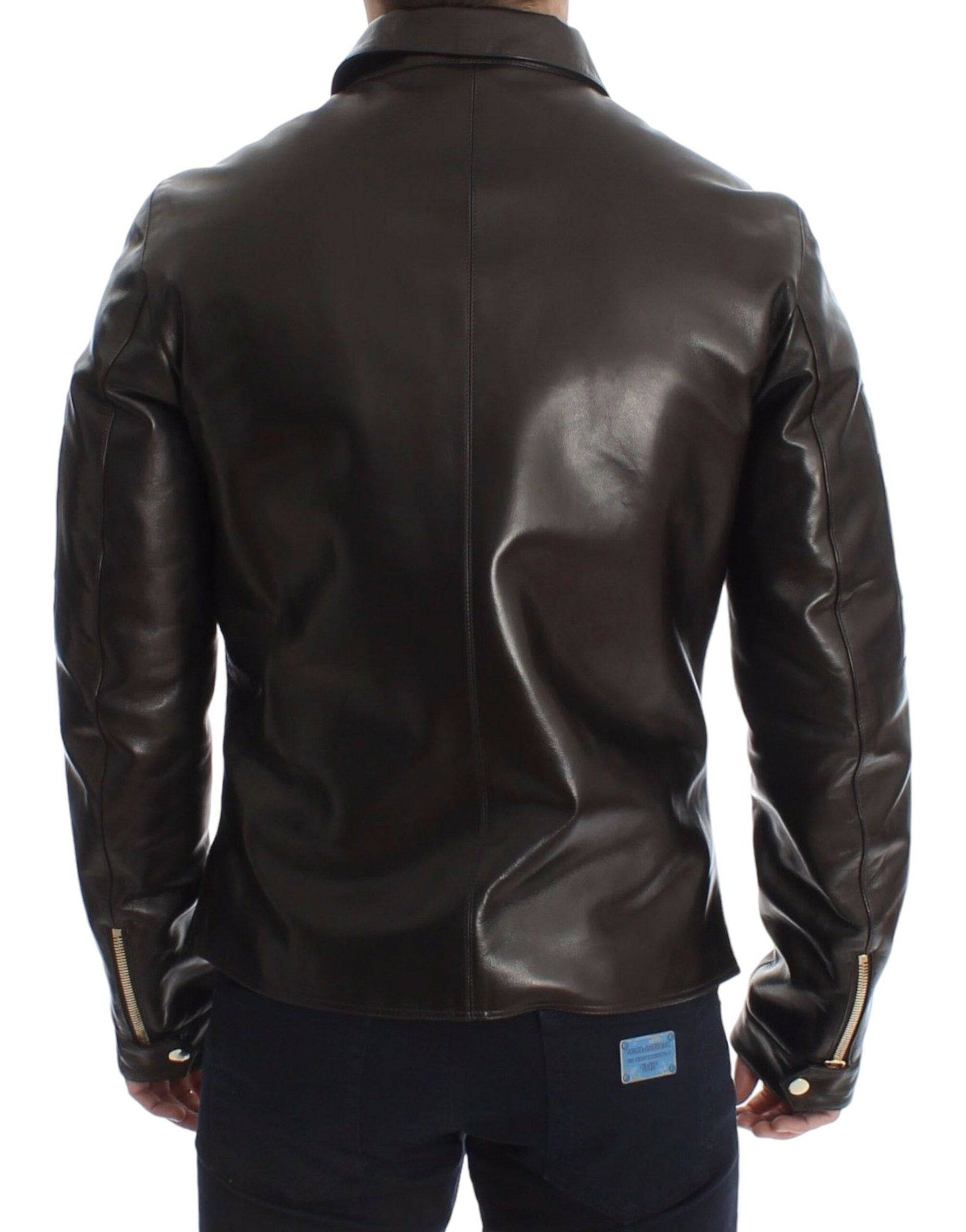 Dolce & Gabbana Elegant Brown Gold-Detailed Leather Jacket - ACCEXO