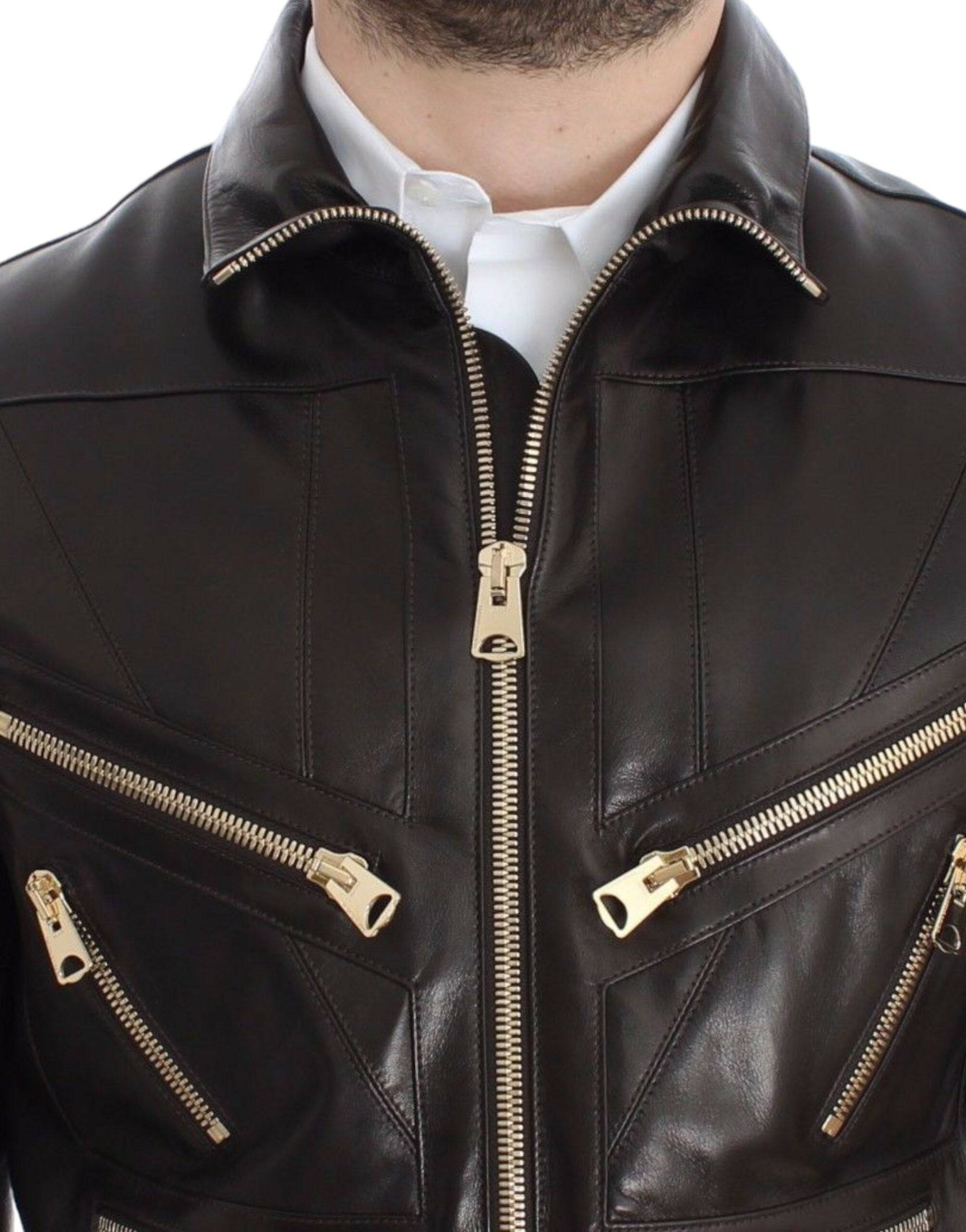 Dolce & Gabbana Elegant Brown Gold-Detailed Leather Jacket - ACCEXO