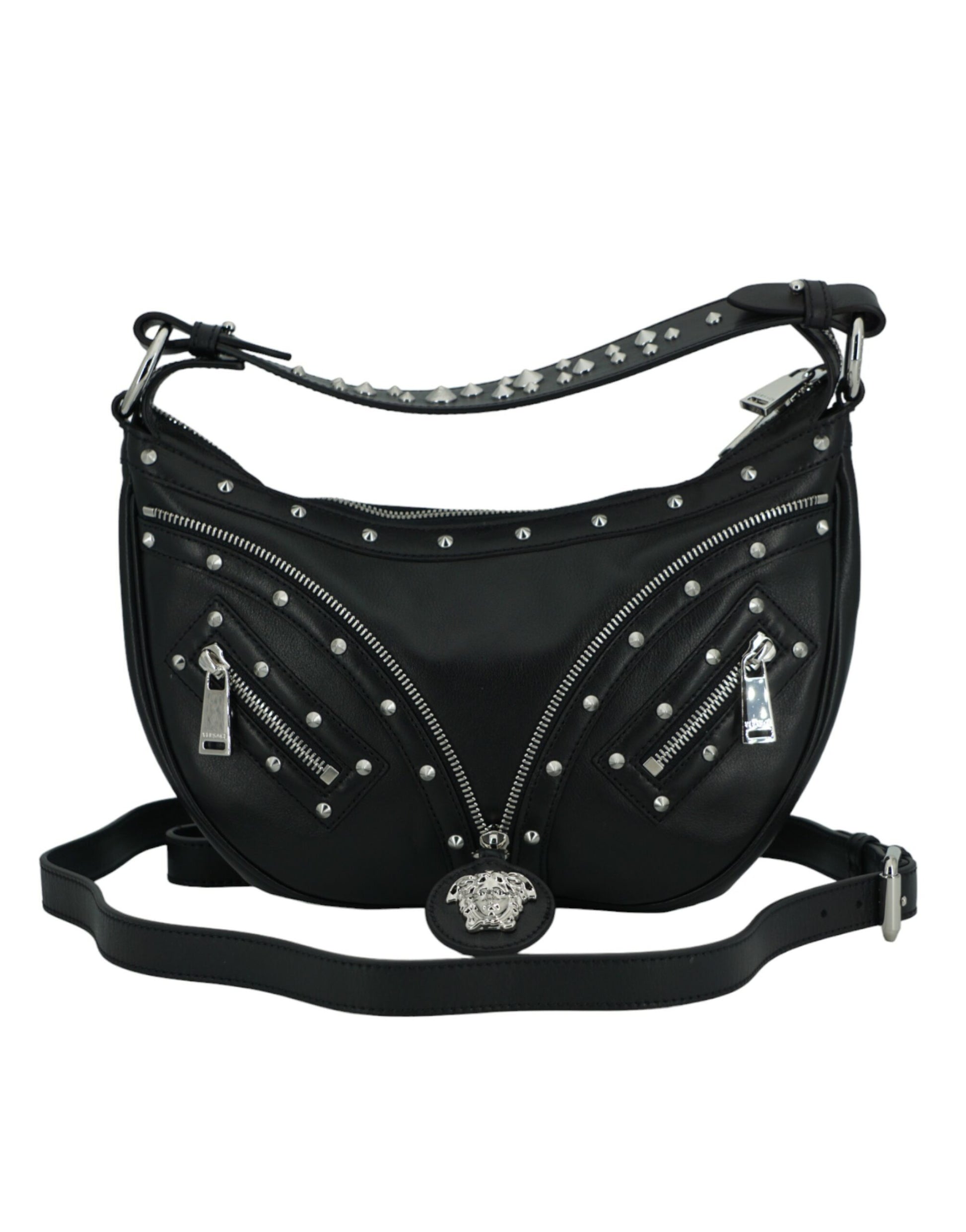 Versace Elegant Black Leather Hobo Shoulder Bag - ACCEXO