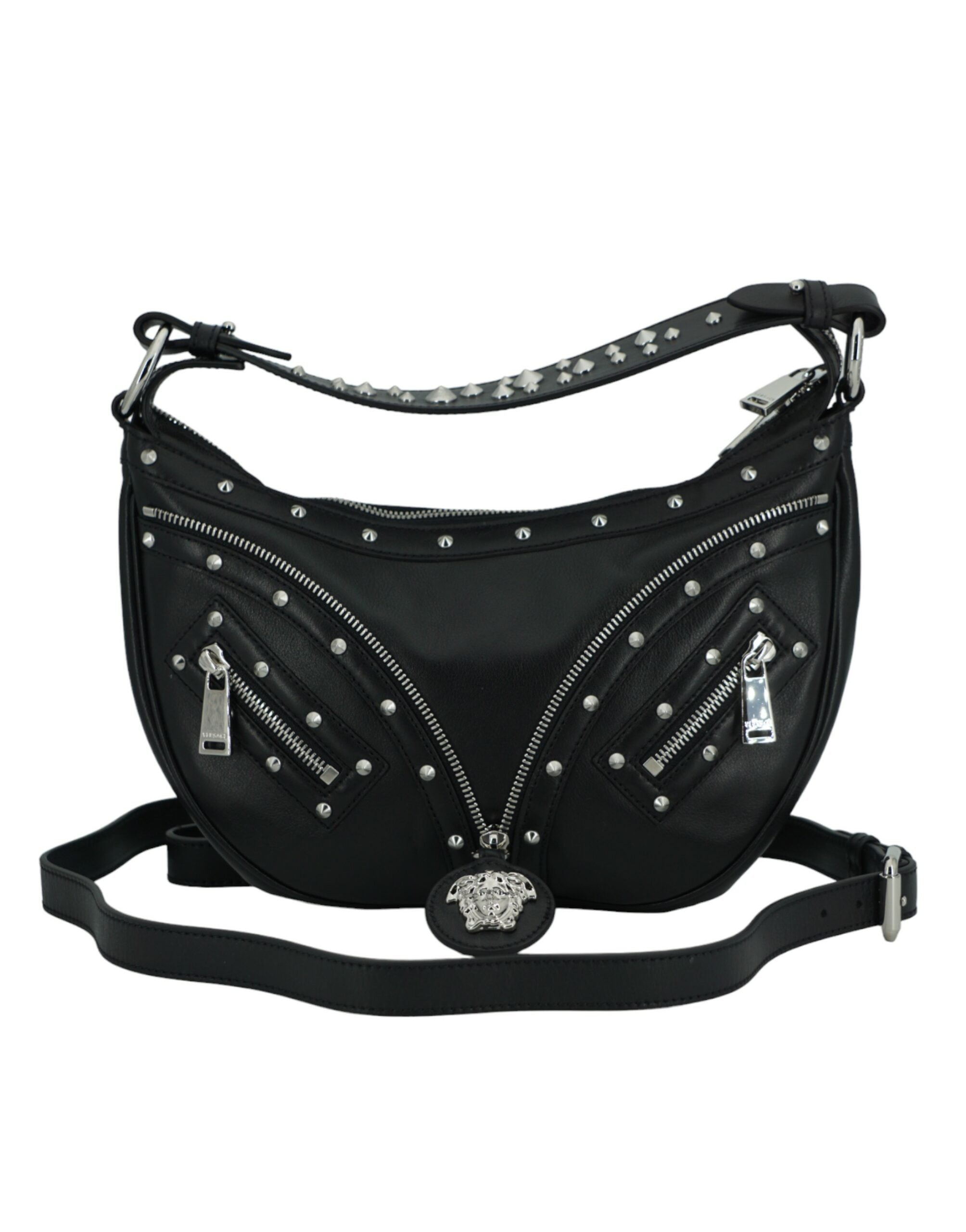 Versace Elegant Black Leather Hobo Shoulder Bag - ACCEXO