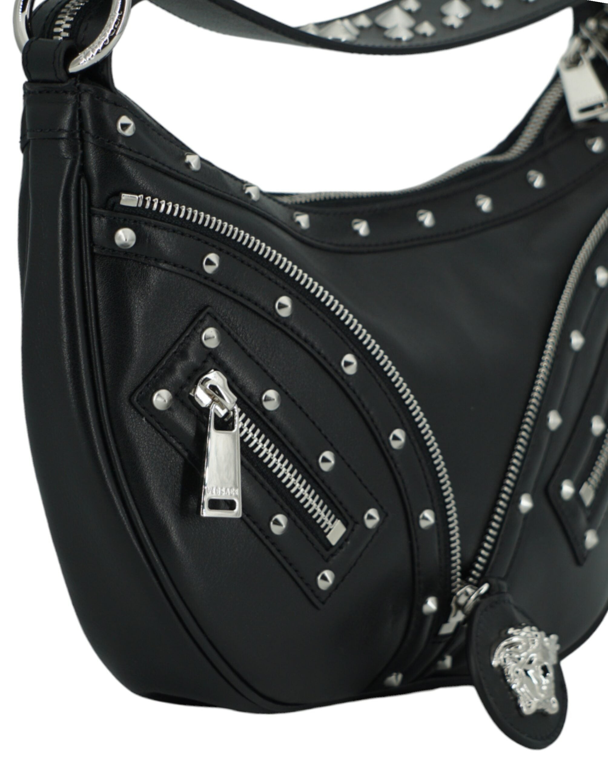 Versace Elegant Black Leather Hobo Shoulder Bag - ACCEXO