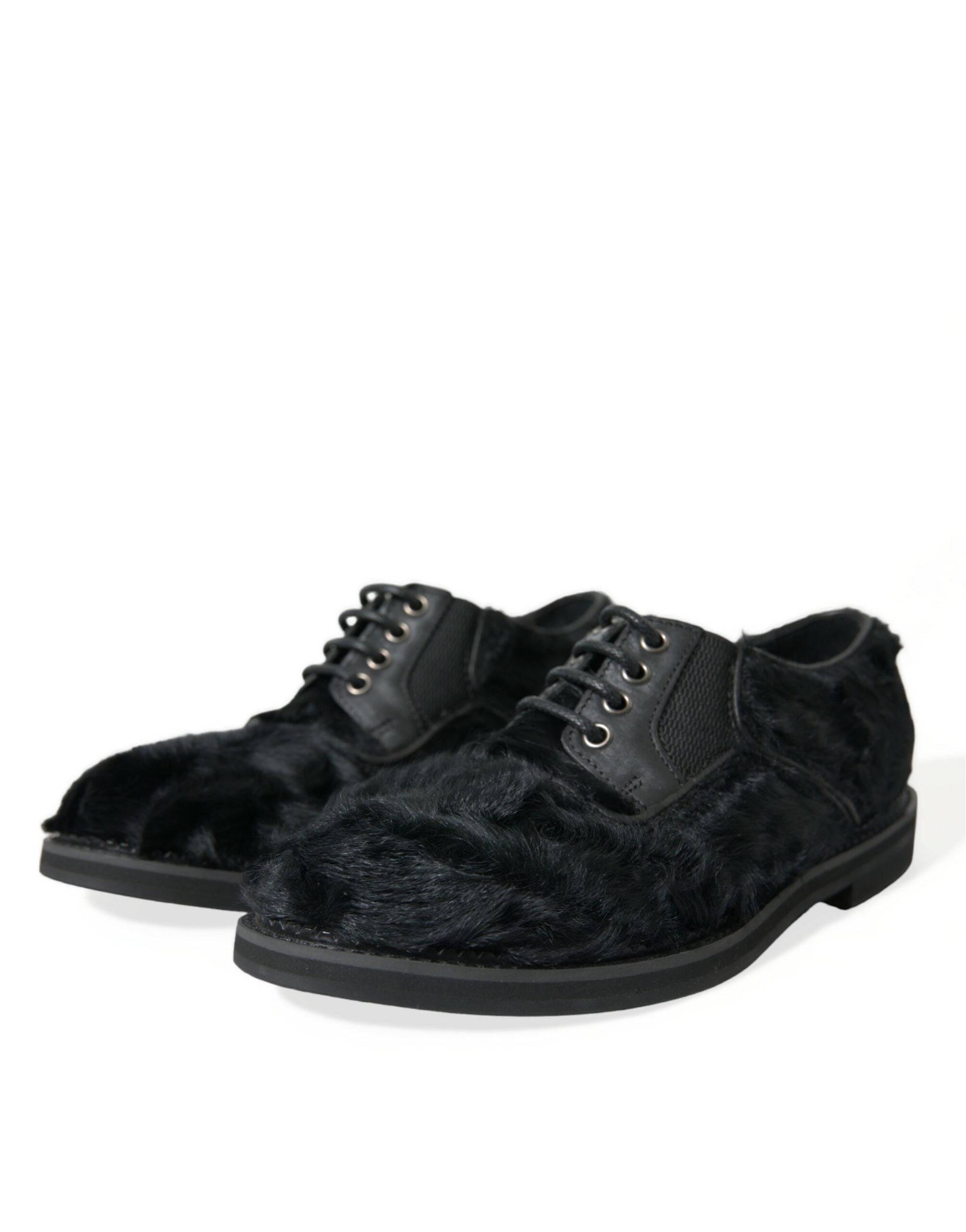 Dolce & Gabbana Elegant Black Fur Derby Dress Shoes for Men - ACCEXO
