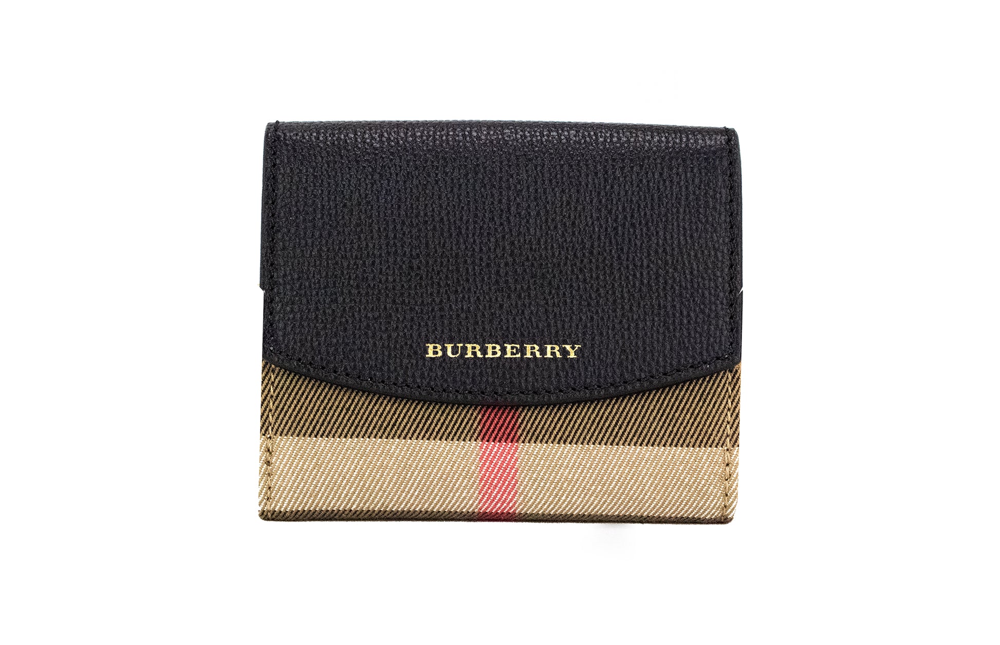 Burberry Luna Black Grained Leather House Check Canvas Coin Pouch Snap Wallet - ACCEXO