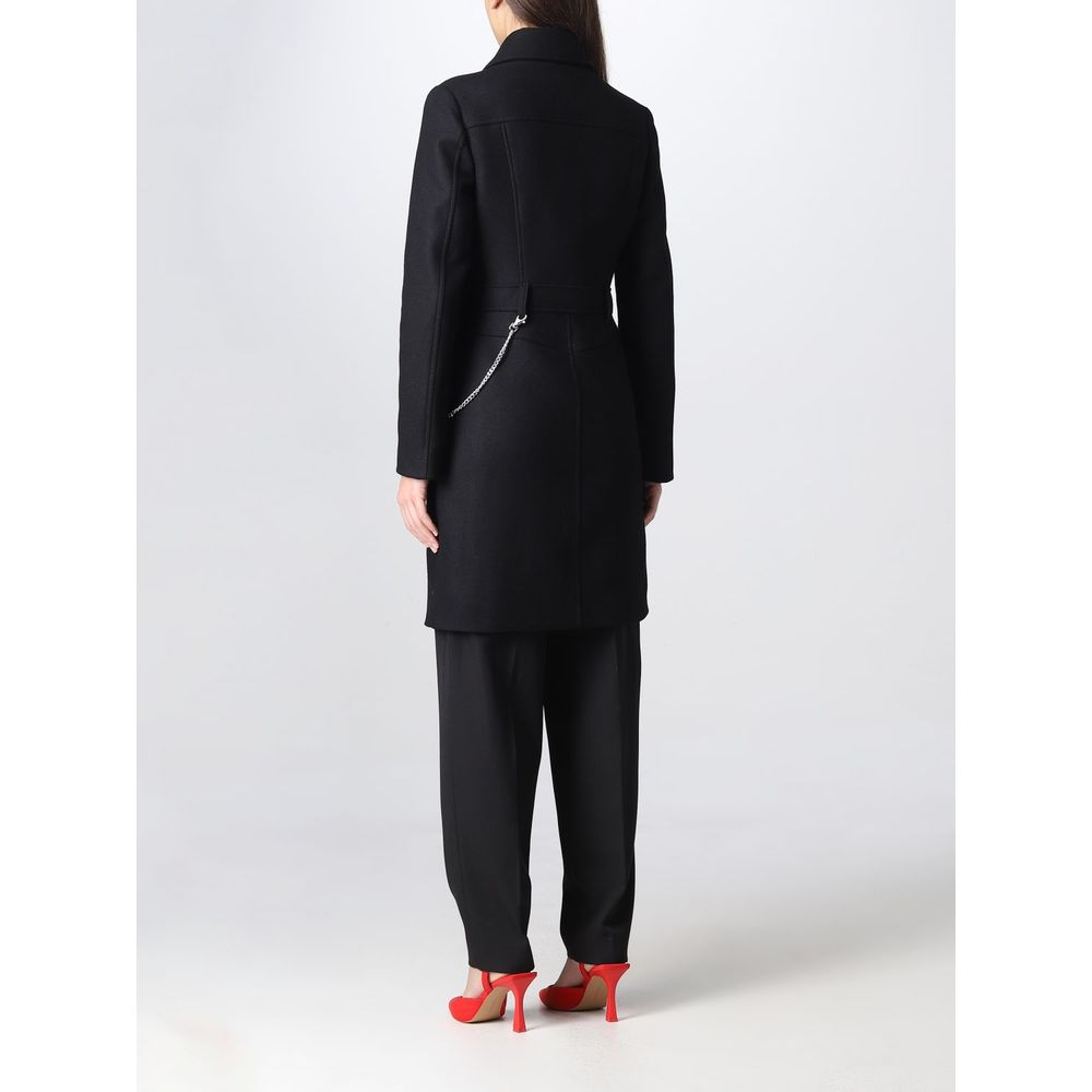 Love Moschino Elegant Black Wool Coat with Silver Chain Detail - ACCEXO
