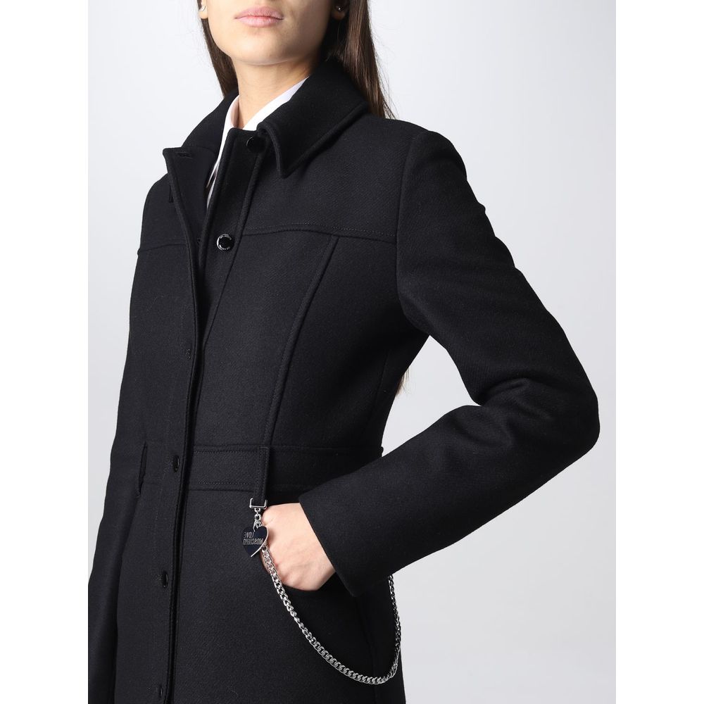 Love Moschino Elegant Black Wool Coat with Silver Chain Detail - ACCEXO