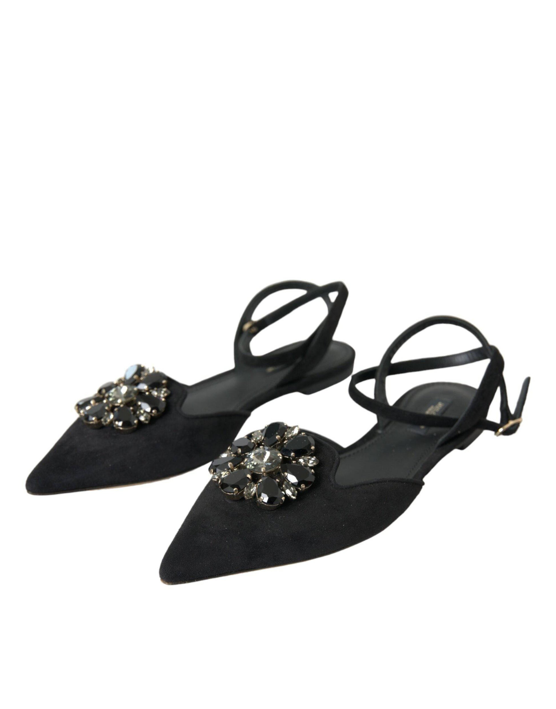 Dolce & Gabbana Black Leather Crystal Slingback Sandals Shoes - ACCEXO