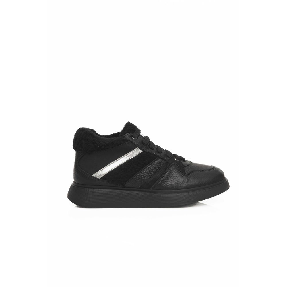 Black sneaker with white stripes on a white background