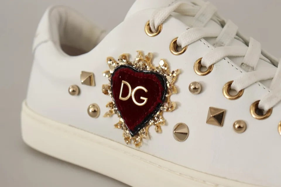Dolce & Gabbana White Leather Gold Red Heart Sneakers Shoes - ACCEXO