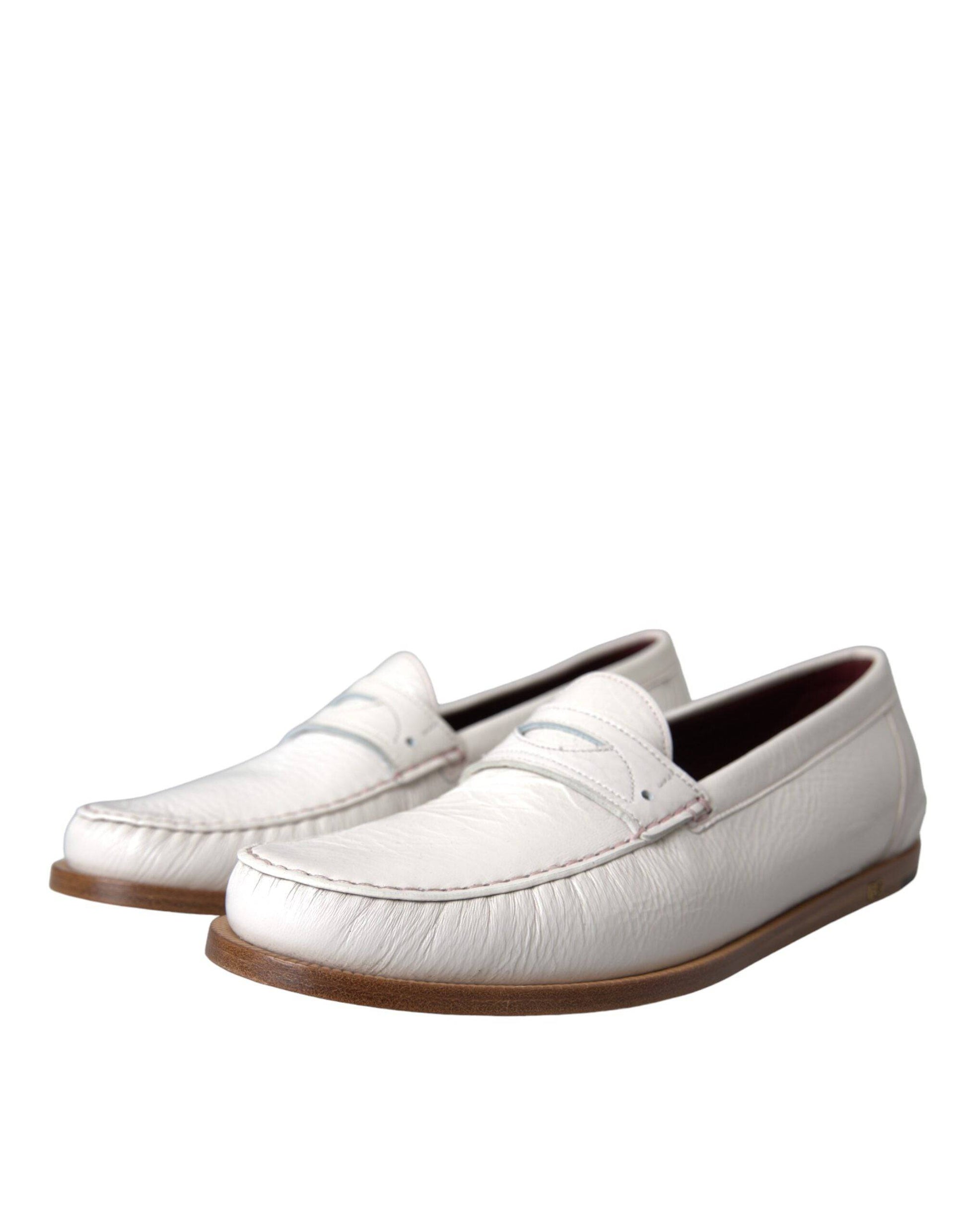 Dolce & Gabbana White Leather Slip On Mocassin Loafers Shoes - ACCEXO