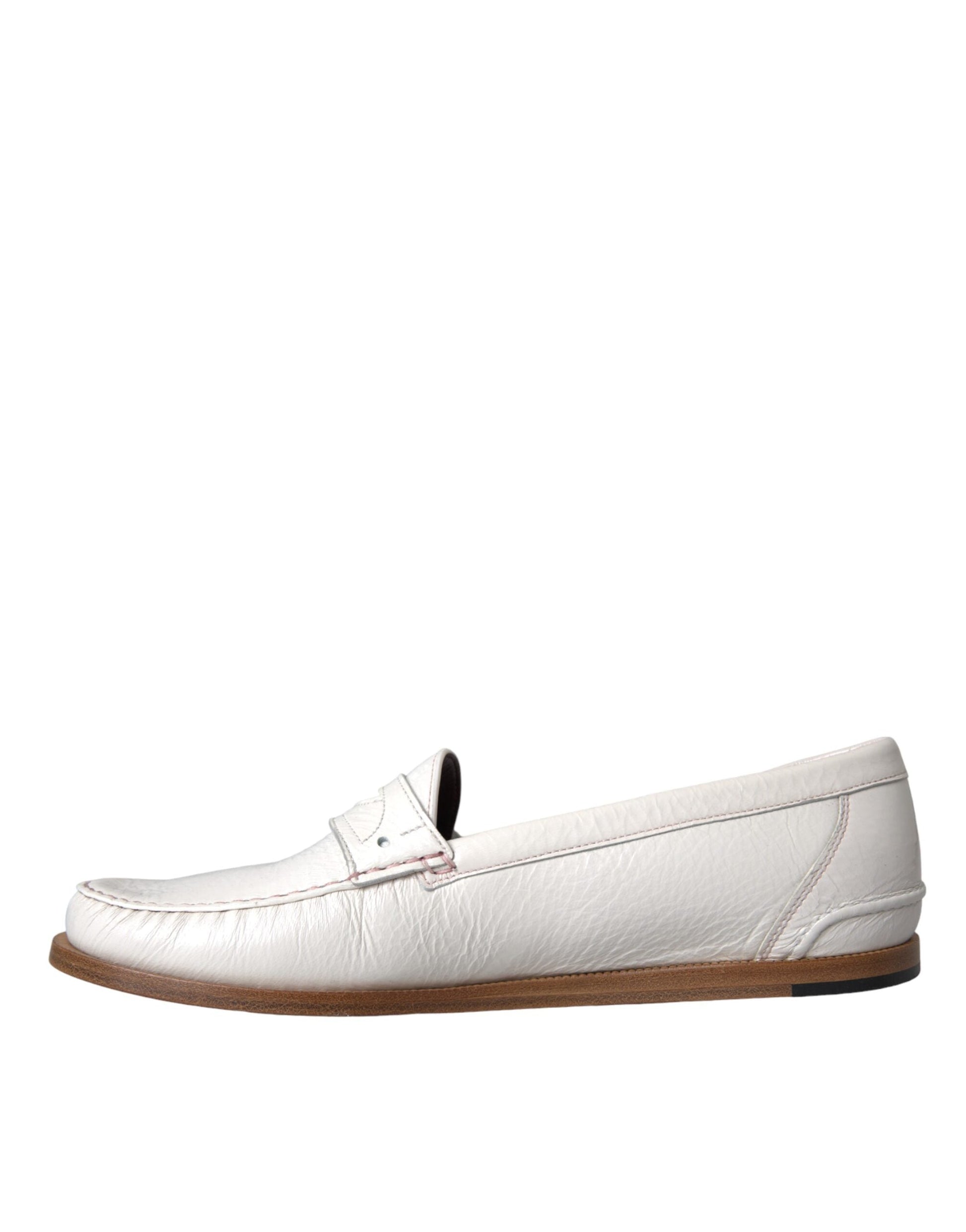 Dolce & Gabbana White Leather Slip On Mocassin Loafers Shoes - ACCEXO
