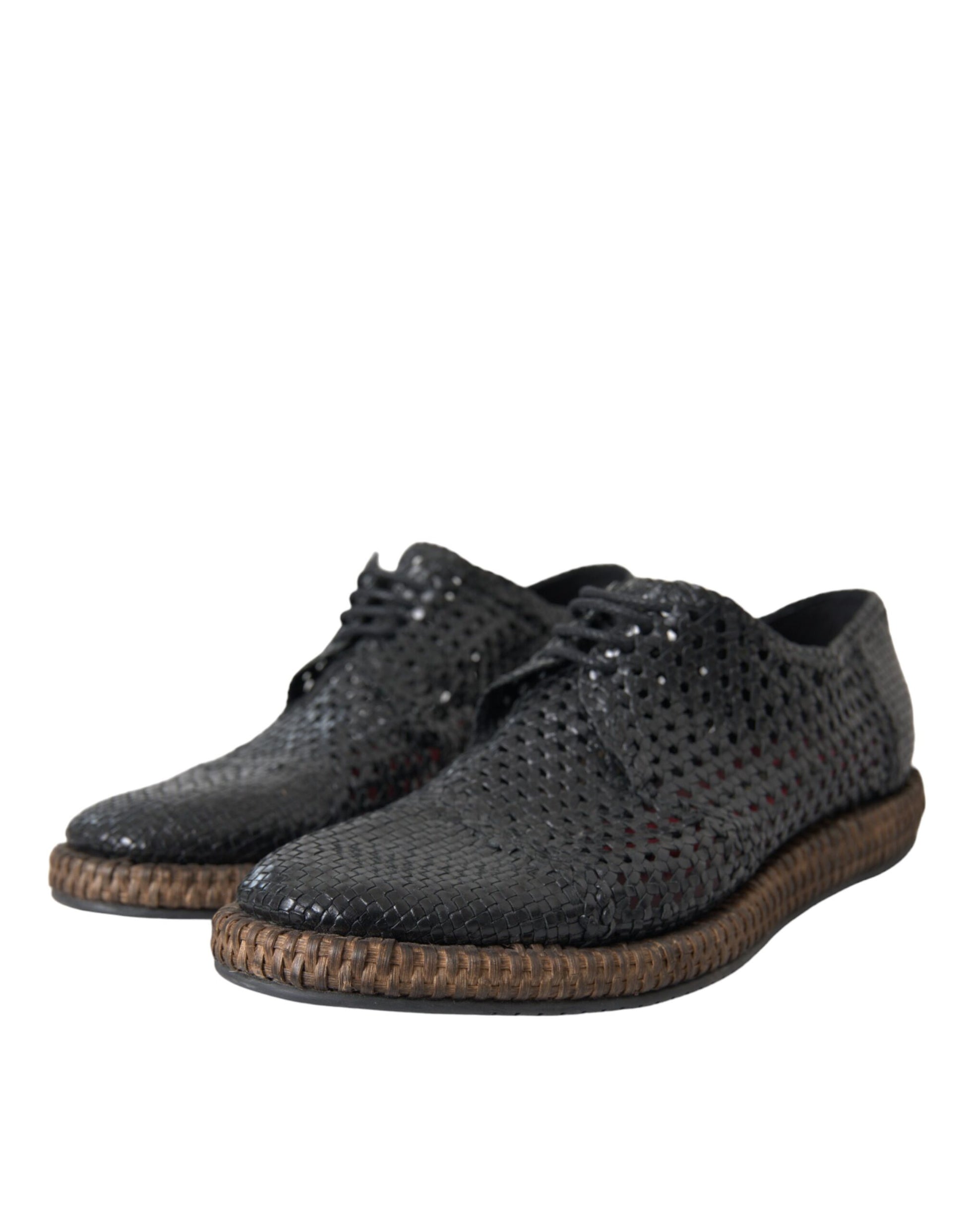Dolce & Gabbana Black Woven Goat Leather Lace Up Derby Shoes - ACCEXO