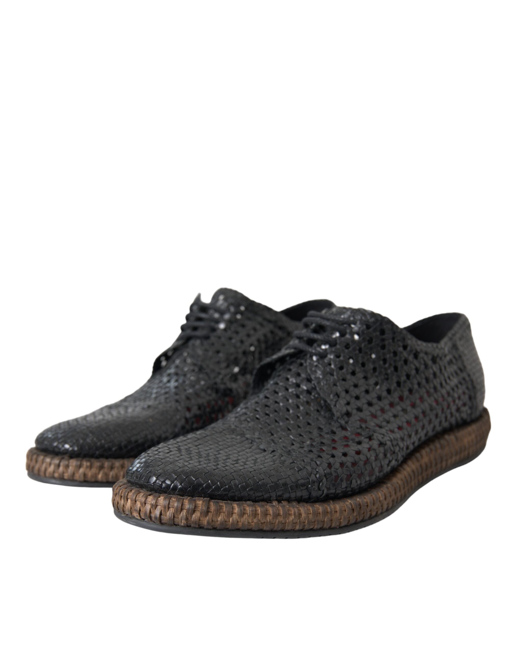 Dolce & Gabbana Black Woven Goat Leather Lace Up Derby Shoes - ACCEXO