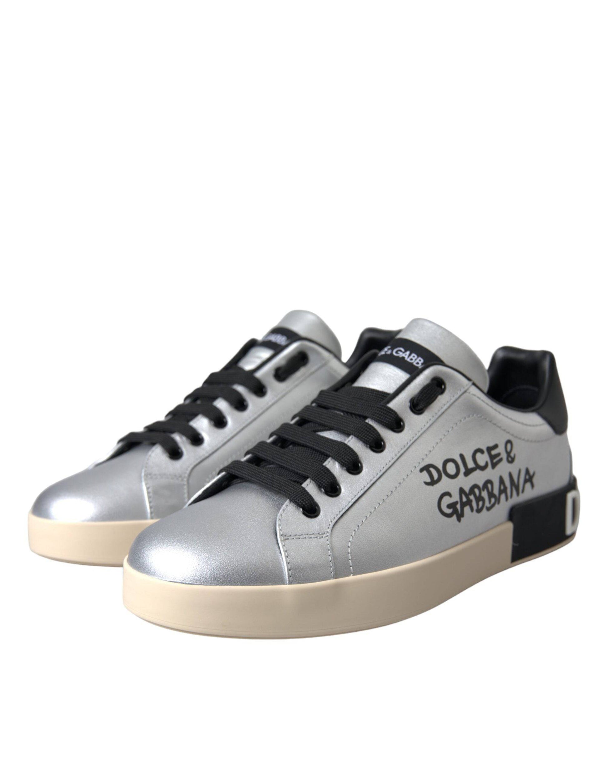 Dolce & Gabbana Silver Portofino Calf Leather Sneakers Men Shoes - ACCEXO