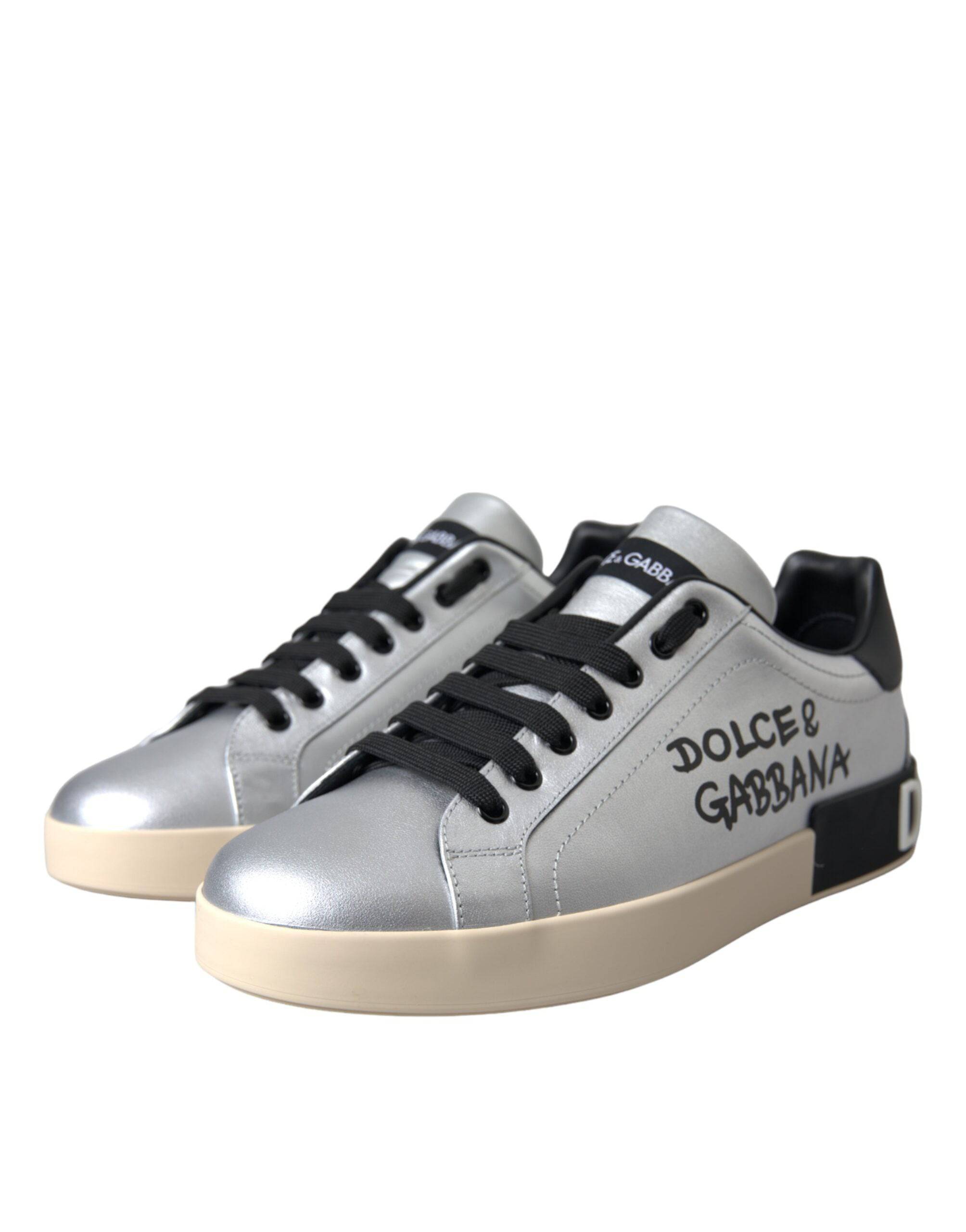 Dolce & Gabbana Silver Portofino Calf Leather Sneakers Men Shoes - ACCEXO