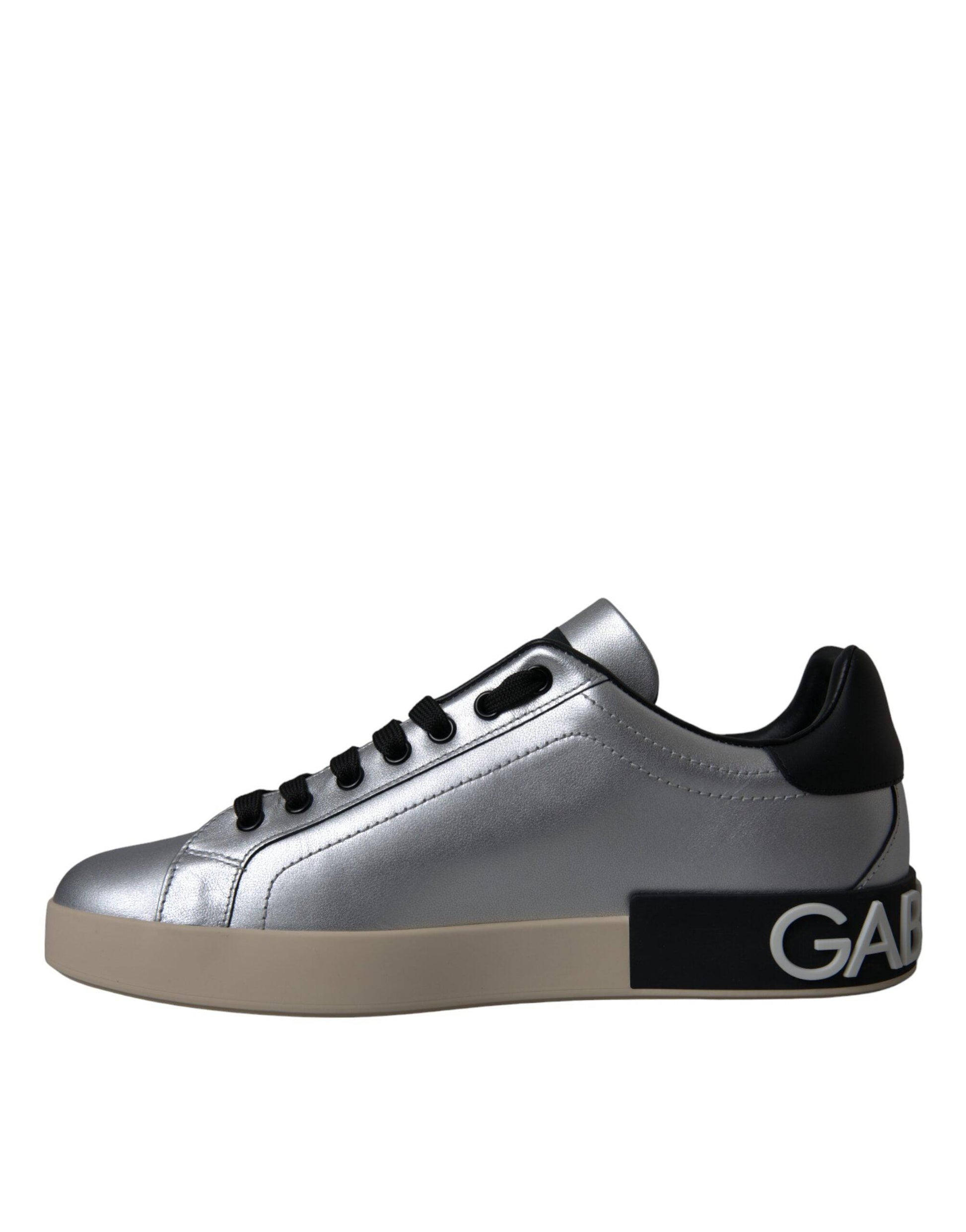Dolce & Gabbana Silver Portofino Calf Leather Sneakers Men Shoes - ACCEXO